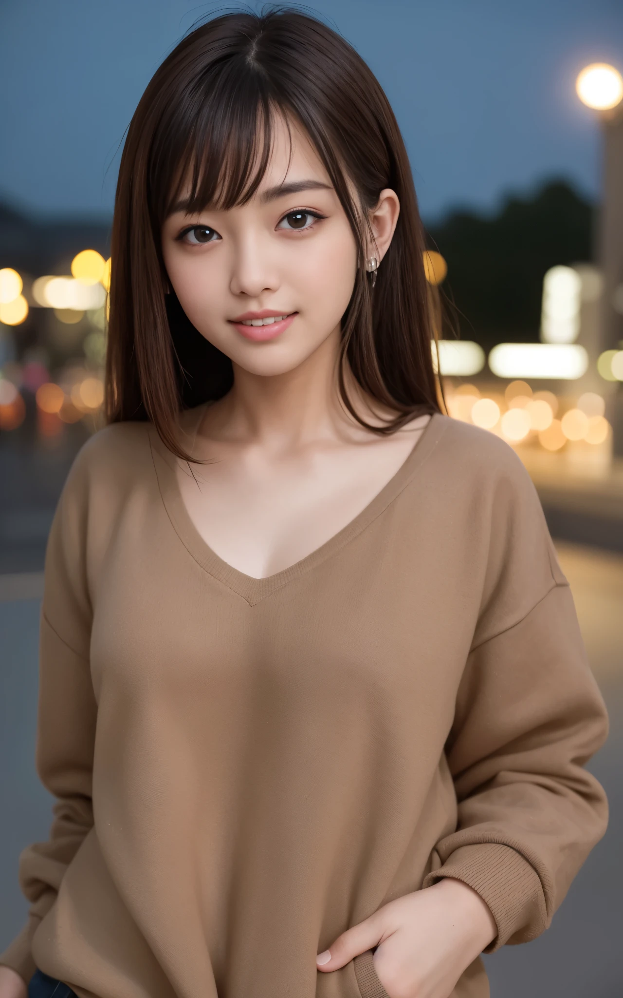 highest quality, figure, super detailed, finely, High resolution, 8k wallpaper, 完璧なダイナミックな構figure, beautiful skin, (Big eyes that shine like jewels), 20 year old beautiful girl, natural color lip, random sexy poses, Chest middle, smile, Highly detailed face and skin texture, Detailed eyes, Double eyelid,leaking teeth and laughing, close-up, brown bob hair, (brown sweatshirt:1.2), night view