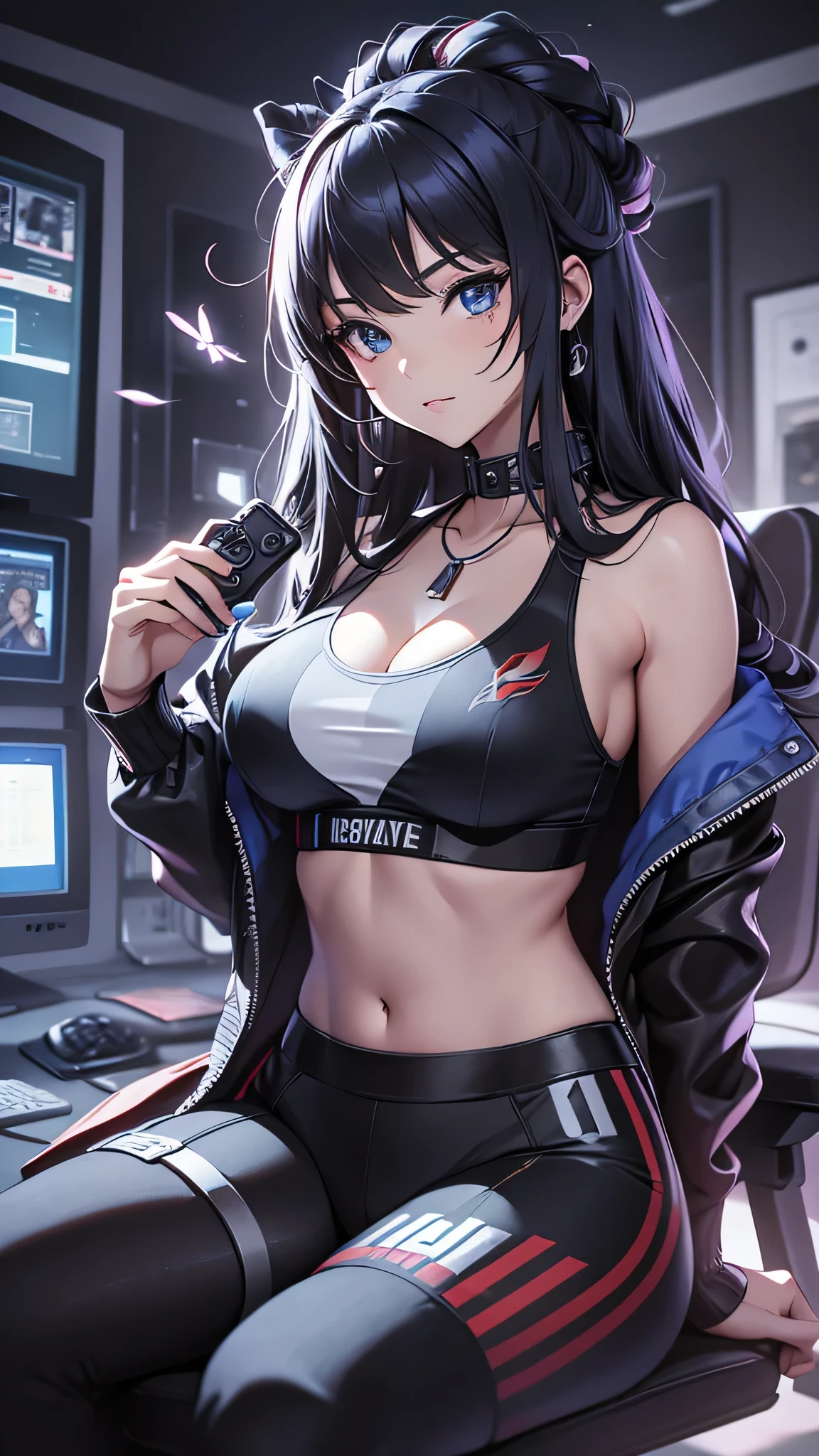 最high quality、best image quality、masterpiece、teenage girl((18-year-old、 By becoming、vest bust、medium bust,wide open breast tea、black eye, black hair、long hair、thin,highest valley、cute makeup、red sports bra、Black sports pants、White Necklace、Blackface Paint、Navy jacket、Corruption of infidelity)),high quality、beautiful art、background((Gaming Desk、gamingroom、Gaming Chair、Gaming PC、controller)),debris flies、Depth of written boundary、movie、visual art、perfect art、8K,genuine