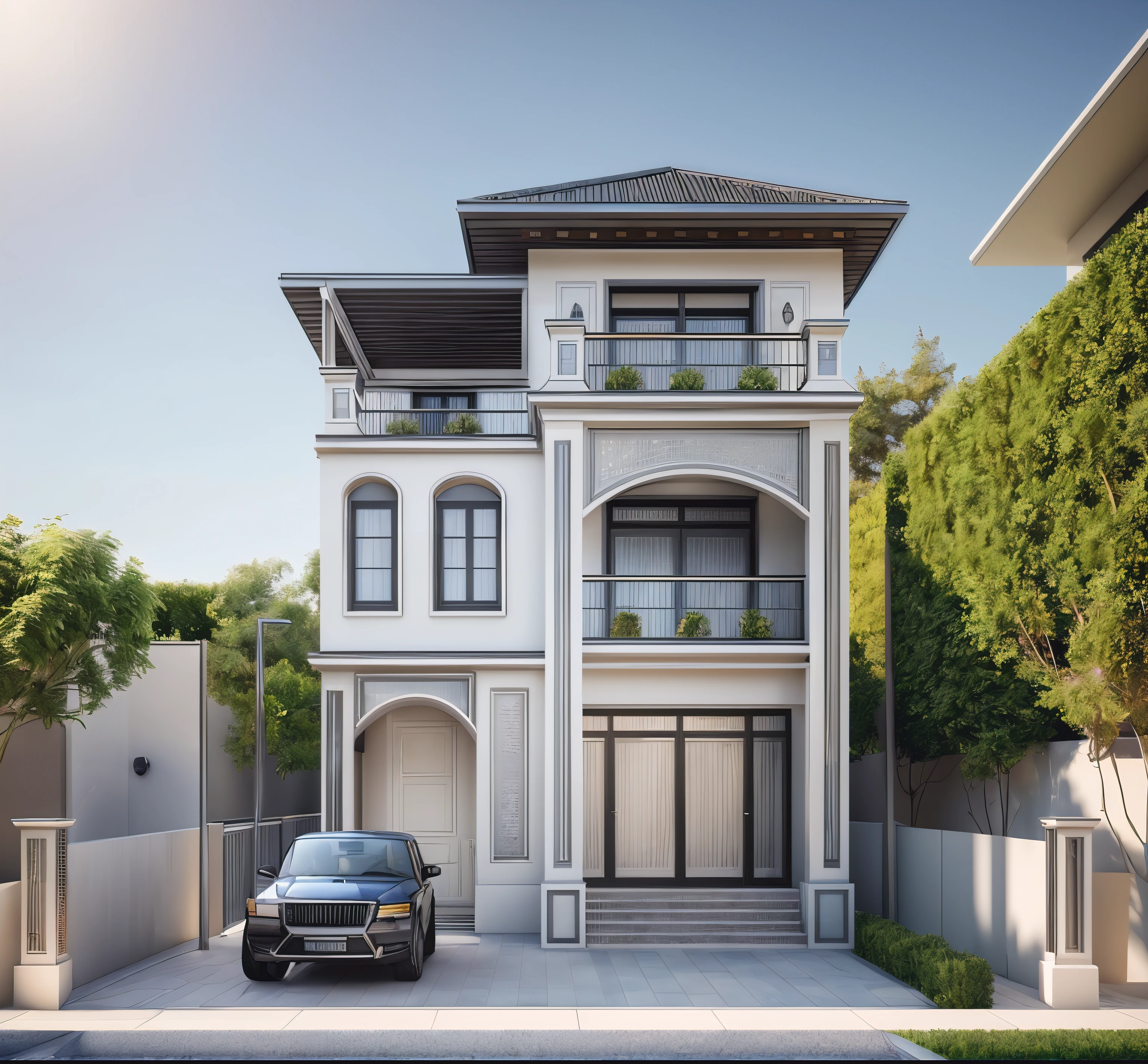 A (Photorealism:1.1) car parked in front of a two story building, clean linework, frontview, inter dimensional villa, (white wall:1.1), White column and wall details, (detail roof tile:1.1), (window glass detail:1.1), (wall lamp) 3rd floor details, (Balcony fence details:1.1), exterior design, white detailed sketch, neo - classical style, architectural illustration, realistic architecture, architectural concept, residential design, (masterpiece),(high quality), best quality, real,(realistic), super detailed, (full detail),(4k),8k,architecture, RAW photo,Masterpiece, high quality, best quality, authentic, super detail, exterior, outdoor town house style, street, white wall, louver roof, refection glass windows, climbing plant on the bacony,(straight line architecture arch:1.2), trees, beautifuL sky, (day:1.1),vray, people walking on the sidewalk in front of a house, photo render, corporate photo, digitally enhanced, render, exterior shot, photorealistic, screengrab, (god ray:1.1), digitally painted, transparent, front-view, an illustration of, full - view, discovered photo, still capture, unreal engine 5, octane render, cinematic, front lighting, ultra-detail, ((realistic)) depth of field, photography, ((Super detailed)), FKAA, TXAA, RTX, SSAO, Post Processing, Post-Production, CGI, VFX, SFX, Full color, HDR, Realistic,8k,((Unreal Engine 5)), Cinematic intricate detail, extreme detail, science, hyper-detail, FKAA, super detail, super realistic, crazy detail, intricate detail, reflected light on glass, eye-catching wall lights, unreal engine 5, octane render, cinematic, 8K,Detailed, High-fidelity, Viwvid, Crisp, The sun shines on the project,  Sharp, soft lighting, Bright, Stunning low, ((Lifelike)), Natural, ((Eye-catching)), Illuminating, Flawless, High-quality,Sharp edge rendering