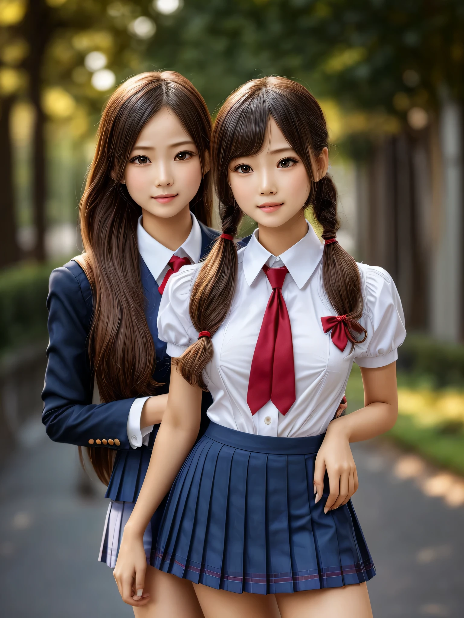 (2girls:1.3), ((best Quality)), (Ultra-detailed), (extremely detailed CG unified 8k wallpaper), Highly detailed, High-definition raw color photos, Professional Photography, (twintails), Amazing face and eyes, Pink eyes, (hi-school uniform, pleated mini skirt:1.3), (hi-school uniform with wide open breasts:1.5), beautiful big breasts, bare breasts, (amazingly beautiful girl), (((Bokeh))), depth of fields,