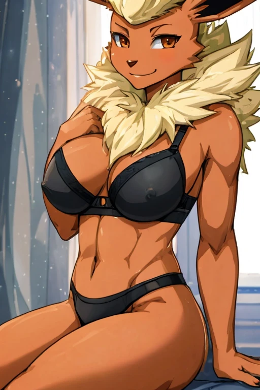 ((Flareon)), anthropomorphic, big boobs, big ass, pokemorph, (((1girl))), (((black bra))), (black thong), cute and sexy, slender, red skin, long legs, smiling, butt showing