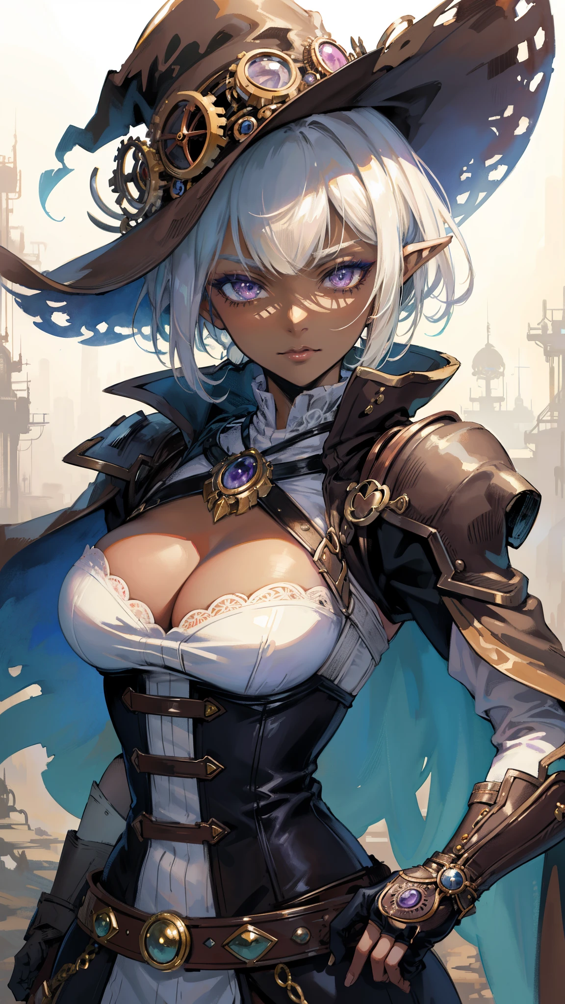 ((masterpiece )), (top quality), (best quality), ((ultra-detailed, 8k quality)), Aesthetics, Cinematic lighting, (detailed line art), Beautiful digital artwork, Exquisite digital illustration, absurdres,
BREAK,
ultra detailed portrait of Milf Dark Elf Woman, wizard, mage, illustration in steampunk style by Yoji Shinkawa, steampunk_costume, (Wearing robe and cape), Bring a grimoire book, dynamic pose, cinematic dramatic atmosphere, watercolor painting, muted colors, watercolor style fluid and sharp focus, Art by ((Mikimoto Haruhiko)), (magical academy in steampunk architecture), dark atmosphere, full moon sky, dark night Background, (steampunk theme:1.1), intricate environment, detailed background,
BREAK,
highly detailed of (dark elf), (1girl), perfect face, details eye, Bob cut hair, Blunt bangs, (hair between eye), blonde white hair, (violet eyes), eyelashes, eyeshadow, pink eyeshadow, glaring, smile, design art by Mikimoto Haruhiko, by Kawacy, By Yoshitaka Amano,
BREAK,
((perfect anatomy)), nice body, medium breast, (extremely detailed finger), best hands, perfect face, beautiful face, beautiful eyes, perfect eyes, perfect fingers, correct anatomy, ((dark skin)),