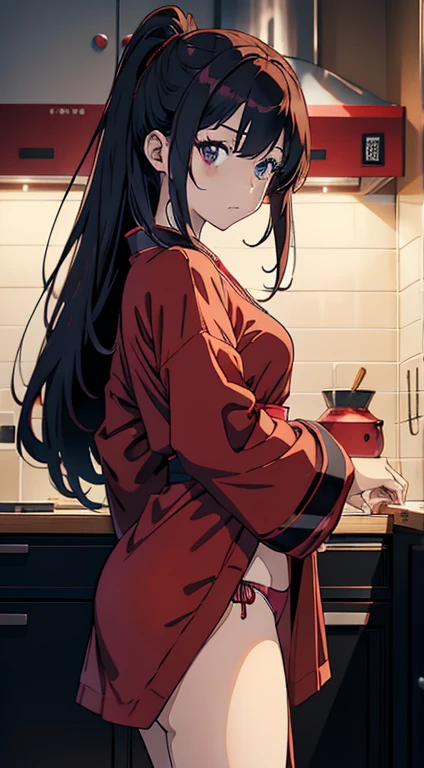 anime girl in red top and panties posing in kitchen, an anime drawing by Jin Homura, trending on pixiv, shin hanga, seductive anime girl, rin tohsaka, top rated on pixiv, beautiful alluring anime woman, fully clothed in red robes, attractive anime girl, anime moe artstyle, loli in dress, beautiful alluring anime teen