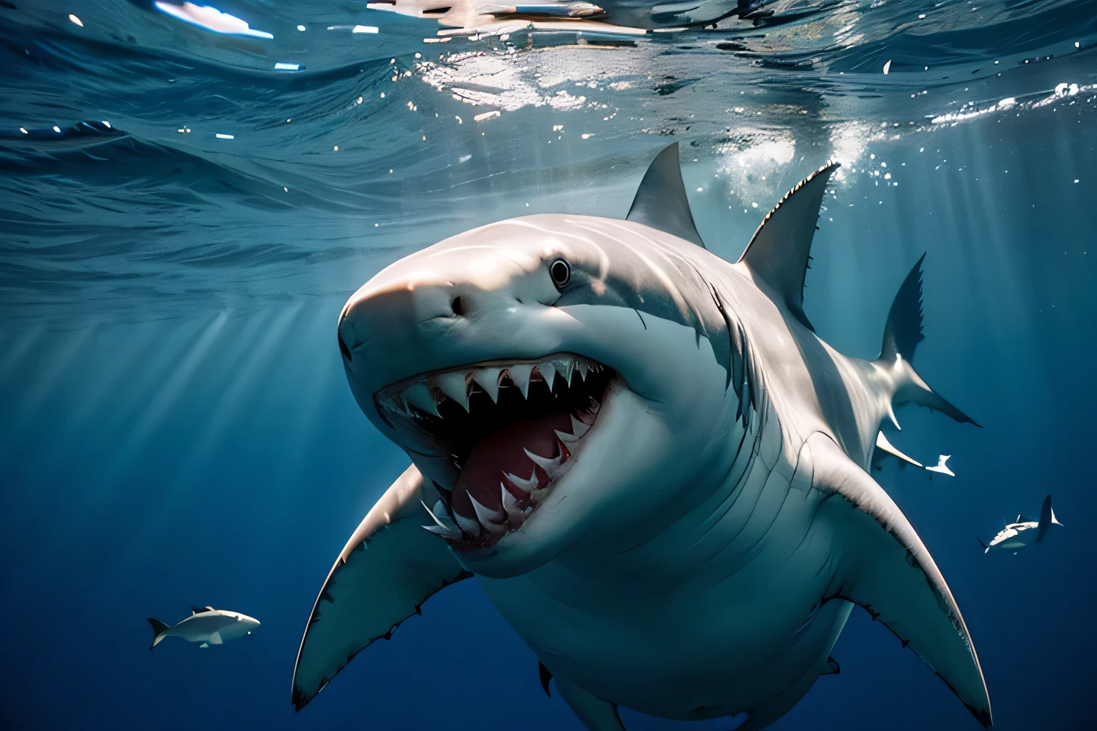 shark,Great white shark,ocean,coral,underwater world,masterpiece,Ultra-clear,soft light,