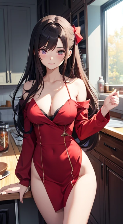 anime girl in red top and panties posing in kitchen, seductive anime girl, rin tohsaka, top rated on pixiv, beautiful alluring anime woman, fully clothed in red robes, attractive anime girl, anime moe artstyle,  in dress, beautiful alluring anime teenvealing clothes, teasing smile, [ 4 k digital art ]!!