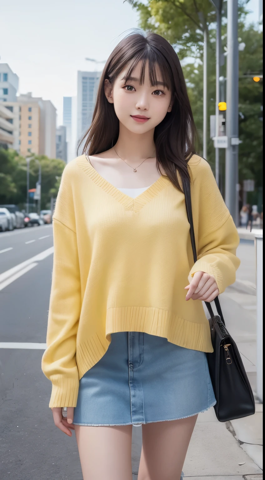 Innocent 16 year old girl、Plump thighs、Pale yellow winter outfit、Official feeling、sexy、Fashion coordination with light yellow as the main color、checked mini skirt、cute face,bright eyes,tear bag,honeycomb smile、shy smile,shortcut、Background of a park where the sun can be seen、Diagonal hanging bag、bright background、(highest quality:1.0), (realistic:1.0), (8K, RAW photo:1.1), (8k非常にbe familiar withなCGユニットの壁紙), (highest quality), (best illustrations), (best shadow), (be familiar with: 1.4), 3D, HDR (high dynamic range), ray tracing, NVIDIA RTX, super resolution, Scattered beneath the surface, PBR texture, Post-processing, anisotropic filtering, written boundary depth, maximum sharpness and acutance, multilayer texture, Albedo and highlight mapping, surface shading, Accurate simulation of light-matter interactions, perfect proportions, octane rendering, surreal、Photographed with Canon EOS R5、50mm lens、f / 2.8