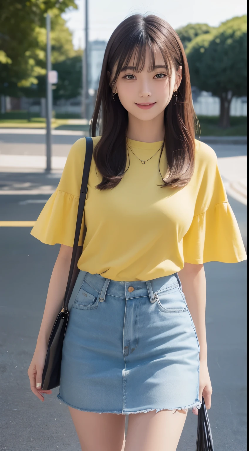 Innocent girl、Plump thighs、Pale yellow winter outfit、Official feeling、sexy、Fashion coordination with light yellow as the main color、checked mini skirt、cute face,bright eyes,tear bag,honeycomb smile、shy smile,shortcut、Background of a park where the sun can be seen、Diagonal hanging bag、bright background、(highest quality:1.0), (realistic:1.0), (8K, RAW photo:1.1), (8k非常にbe familiar withなCGユニットの壁紙), (highest quality), (best illustrations), (best shadow), (be familiar with: 1.4), 3D, HDR (high dynamic range), ray tracing, NVIDIA RTX, super resolution, Scattered beneath the surface, PBR texture, Post-processing, anisotropic filtering, written boundary depth, maximum sharpness and acutance, multilayer texture, Albedo and highlight mapping, surface shading, Accurate simulation of light-matter interactions, perfect proportions, octane rendering, surreal、Photographed with Canon EOS R5、50mm lens、f / 2.8