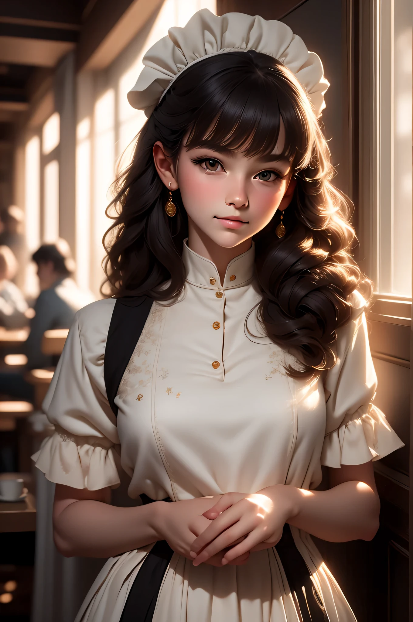 A young girl dressed as a maid in a cafe. The image is a realistic painting. Her cherubic face speaks of innocence, while her eyes hold a hint of world-weariness. Her uniform, though simple, is impeccably clean, the frilly apron and white collar evidencing her dedication to her work. Soft morning light filters through the window, casting a gentle glow on her as she takes a brief moment of respite. The artist's skill is evident in the meticulous brushstrokes that bring out the texture of her curls and the delicate porcelain of her skin. This captivating image captures the viewer's attention, inviting them to contemplate the quiet dignity and strength of the unnoticed.