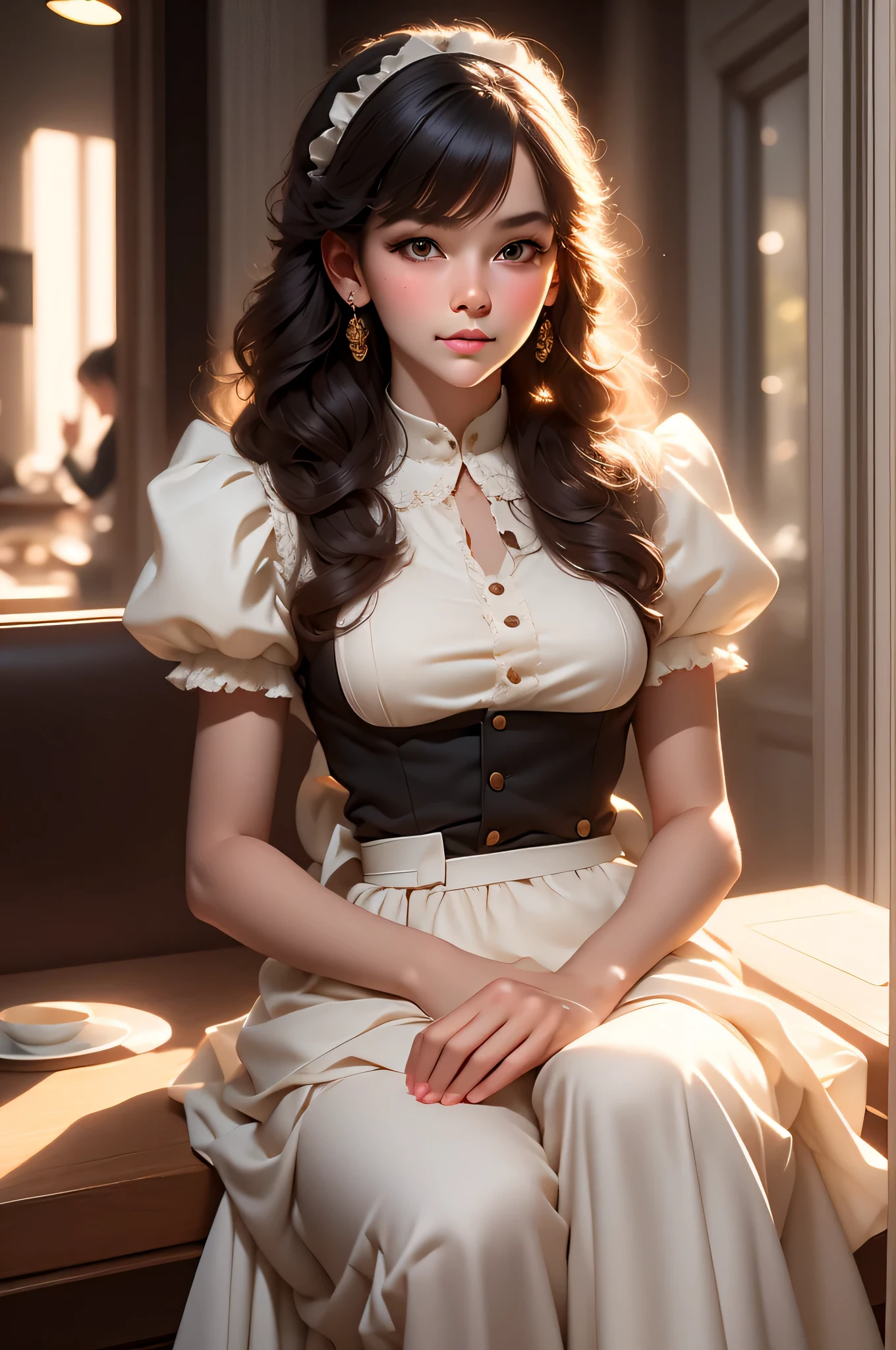 A young girl dressed as a maid in a cafe. The image is a realistic painting. Her cherubic face speaks of innocence, while her eyes hold a hint of world-weariness. Her uniform, though simple, is impeccably clean, the frilly apron and white collar evidencing her dedication to her work. Soft morning light filters through the window, casting a gentle glow on her as she takes a brief moment of respite. The artist's skill is evident in the meticulous brushstrokes that bring out the texture of her curls and the delicate porcelain of her skin. This captivating image captures the viewer's attention, inviting them to contemplate the quiet dignity and strength of the unnoticed.