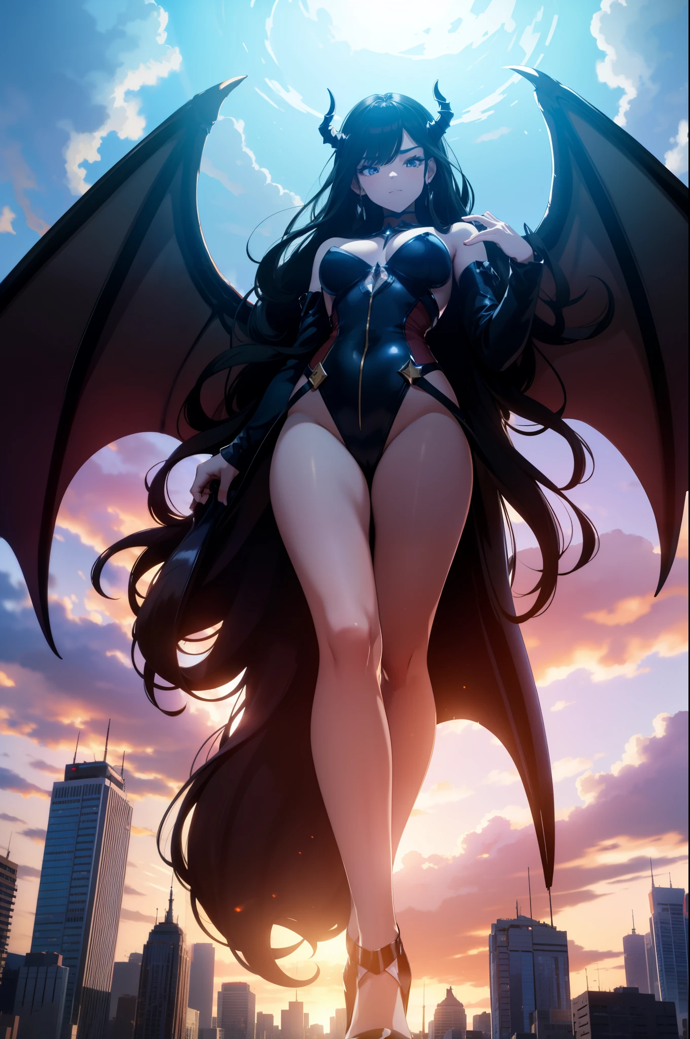 giant girl 50,000 feet high,Have a pair of long legs,Possessing a pair of huge demon wings,Has black waist-length hair,Loose hair,Wearing a pair of Mary Jane shoes,black curly hair,A look of enjoyment,Standing tall in a small town crowded with people, destroying them wantonly,It seems like an invincible existence,Beautiful appearance,Exquisite makeup,perfect lighting,quality,8k,high quality,(governor:1.5),Aerial View,perfect proportions, Cinema lighting, film grain, Fuji colors, chiaroscuro, 8k, textured skin, Super details, high detail, high quality, high resolution,