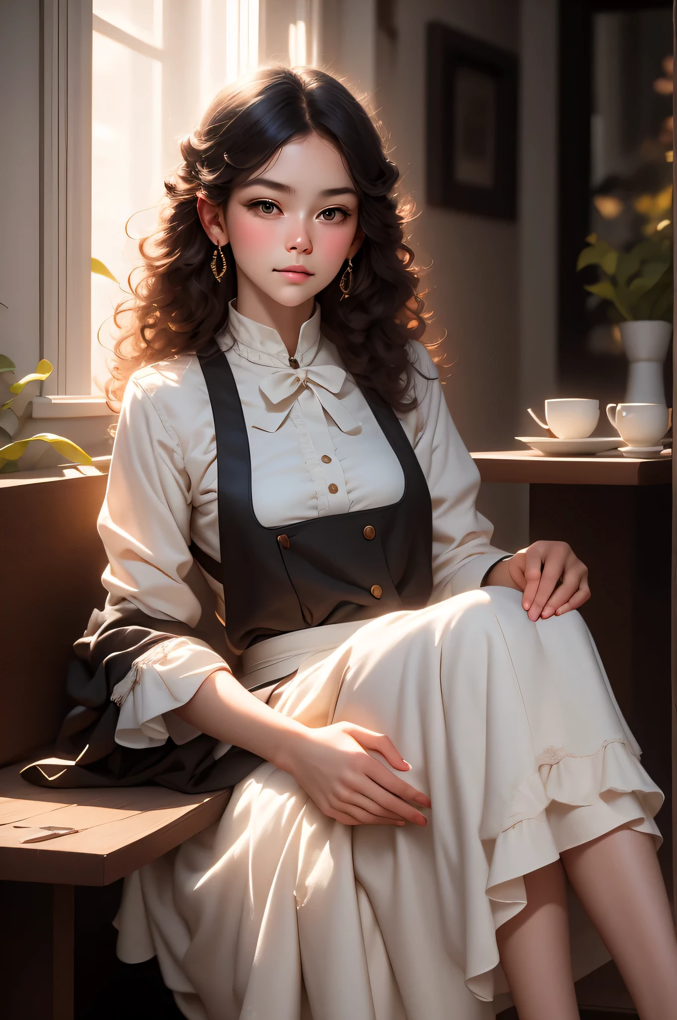 A young girl dressed as a maid in a cafe. The image is a realistic painting. Her cherubic face speaks of innocence, while her eyes hold a hint of world-weariness. Her uniform, though simple, is impeccably clean, the frilly apron and white collar evidencing her dedication to her work. Soft morning light filters through the window, casting a gentle glow on her as she takes a brief moment of respite. The artist's skill is evident in the meticulous brushstrokes that bring out the texture of her curls and the delicate porcelain of her skin. This captivating image captures the viewer's attention, inviting them to contemplate the quiet dignity and strength of the unnoticed.