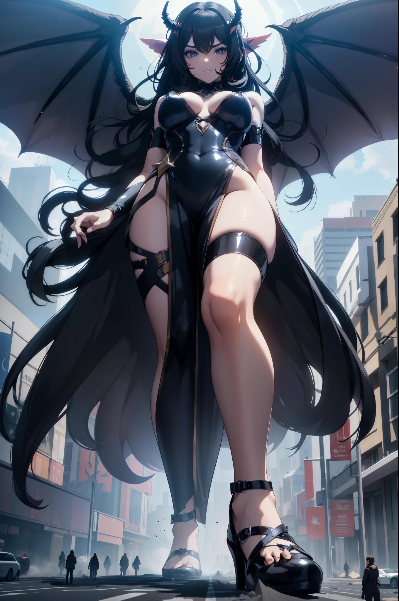 giant girl 50,000 feet high,Have a pair of long legs,Possessing a pair of huge demon wings,Has black waist-length hair,Loose hair,Wearing a pair of Mary Jane shoes,black curly hair,A look of enjoyment,Standing tall in a small town crowded with people, destroying them wantonly,It seems like an invincible existence,Beautiful appearance,Exquisite makeup,perfect lighting,quality,8k,high quality,(governor:1.5),Aerial View,perfect proportions, Cinema lighting, film grain, Fuji colors, chiaroscuro, 8k, textured skin, Super details, high detail, high quality, high resolution,