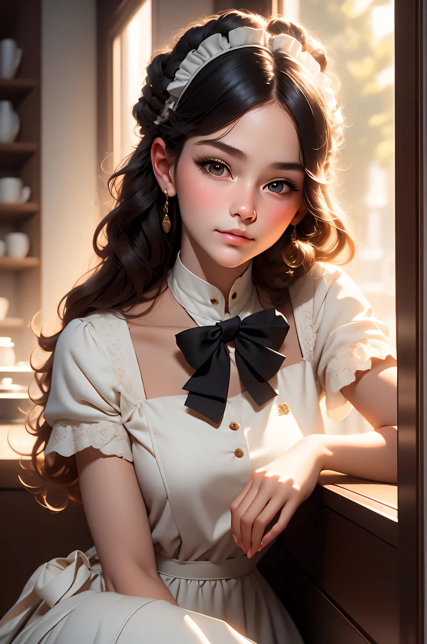 A young girl dressed as a maid in a cafe. The image is a realistic painting. Her cherubic face speaks of innocence, while her eyes hold a hint of world-weariness. Her uniform, though simple, is impeccably clean, the frilly apron and white collar evidencing her dedication to her work. Soft morning light filters through the window, casting a gentle glow on her as she takes a brief moment of respite. The artist's skill is evident in the meticulous brushstrokes that bring out the texture of her curls and the delicate porcelain of her skin. This captivating image captures the viewer's attention, inviting them to contemplate the quiet dignity and strength of the unnoticed.