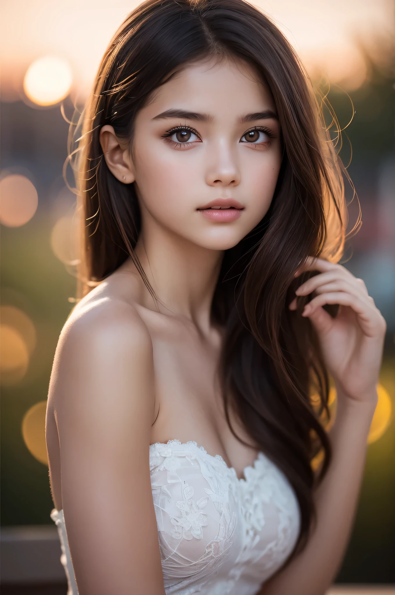 (best quality), (ultra-detailed), (llustration), (detailed light), (an extremely delicate and beautiful), ***ung girl, brown hair, brown eyes, model, bare shoulders, best quality, extremely detailed CG unified 8k wallpaper, High-definition raw color photos, professional photograpy, (((Bokeh))), depth of fields, twilight, sunset,