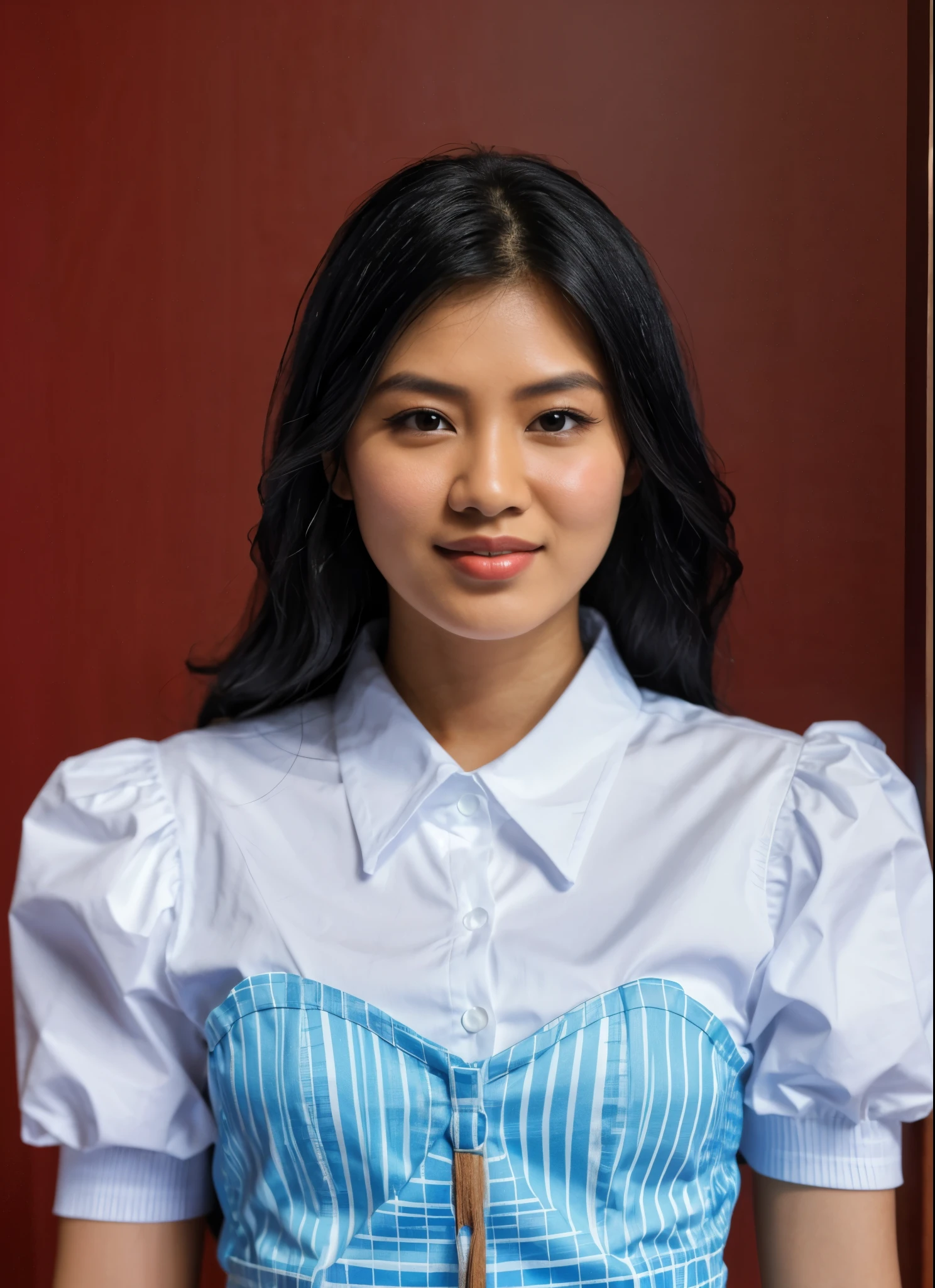 arafed woman in a white shirt and blue dress posing for a picture, nivanh chanthara, cindy avelino, mai anh tran, portrait of modern darna, headshot photo, corporate photo, professional profile picture, full protrait, headshot profile picture, official photo, professional picture, professional profile photo, with a blue background, julia fuentes,black hair,plain backdrop