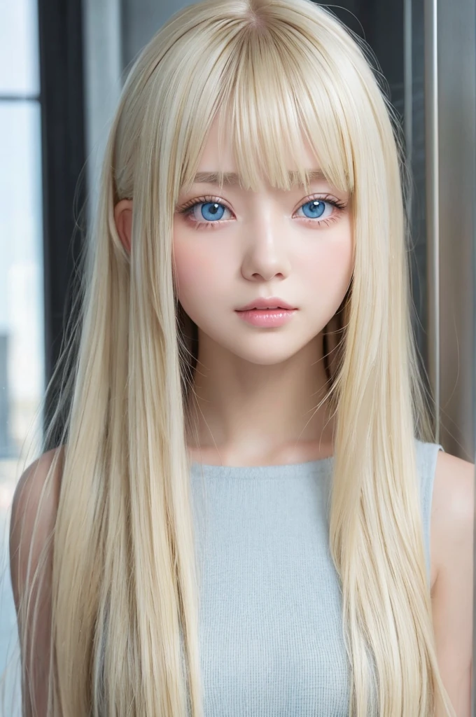 Glowing blonde dancing in front of cute face、long silky bangs that cover the eyes、Very large and bright pale sky blue eyes、very big eyes、long blonde hair that hides her face、Sexy cute teenage woman's super long blonde shining bright straight hair、blonde hair above the eyes、片blonde hair above the eyes、blonde between the eyes、Very bright white and young beautiful skin、Shiny skin、cheek gloss、cheek highlights、small face beauty、