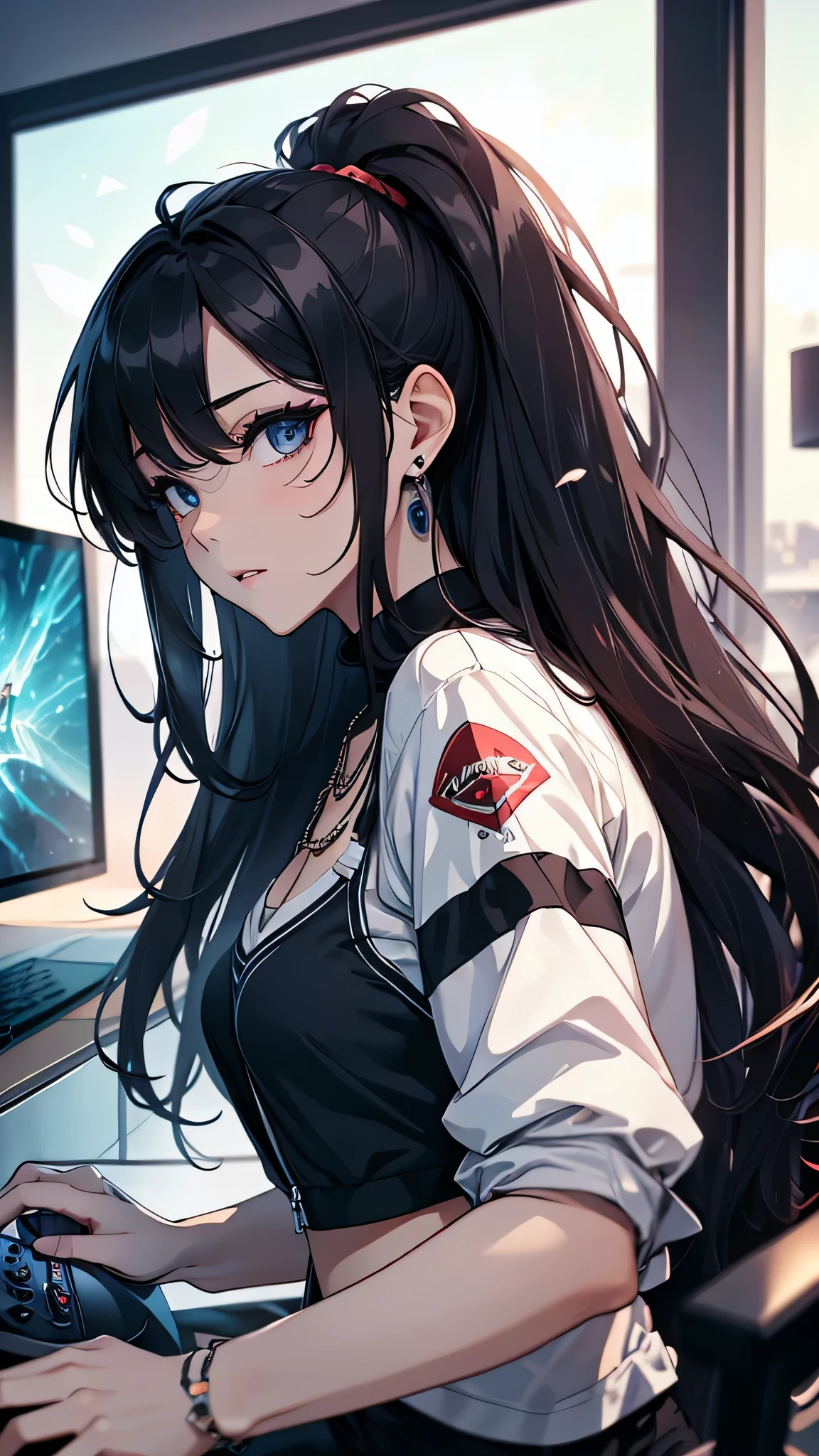 最high quality、best image quality、masterpiece、teenage girl((18-year-old、 By becoming、vest bust、medium bust,wide open breast tea、black eye, black hair、long hair、thin,highest valley、cute makeup、red sports bra、Black sports pants、White Necklace、Blackface Paint、Navy jacket、Corruption of infidelity)),high quality、beautiful art、background((Gaming Desk、gamingroom、Gaming Chair、Gaming PC、controller)),debris flies、Depth of written boundary、movie、visual art、perfect art、8K,genuine
