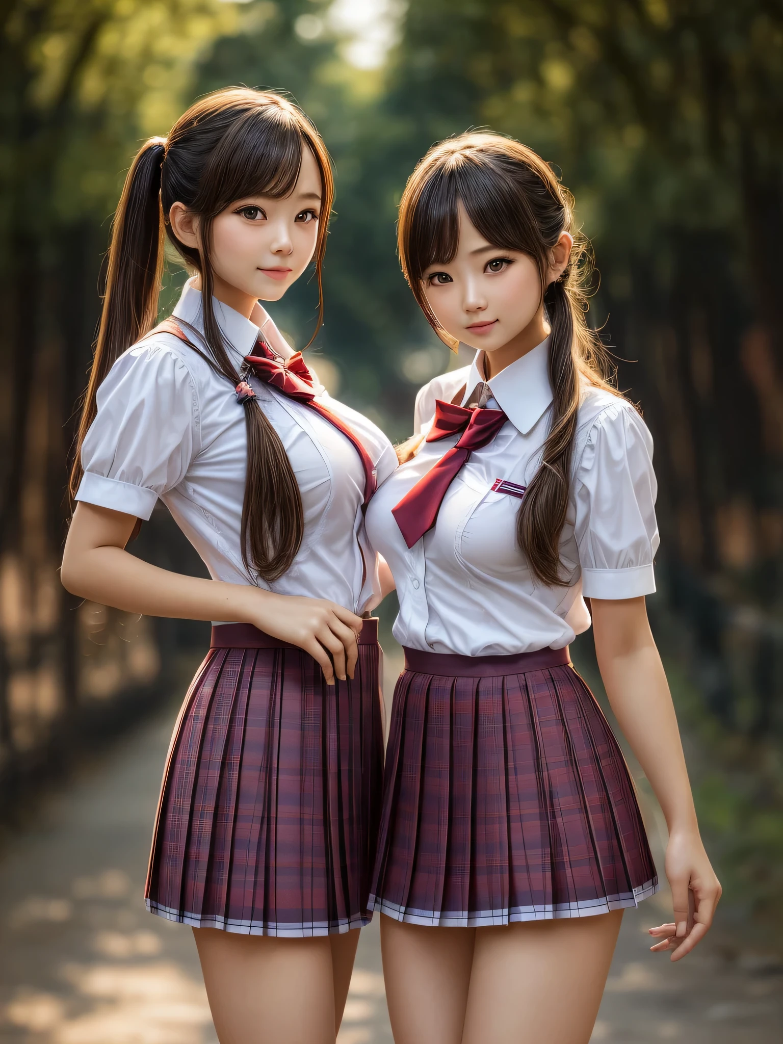 (2girls:1.3), ((best Quality)), (Ultra-detailed), (extremely detailed CG unified 8k wallpaper), Highly detailed, High-definition raw color photos, Professional Photography, (twintails), Amazing face and eyes, Pink eyes, (hi-school uniform, pleated mini skirt:1.3), (hi-school uniform with wide open breasts:1.5), beautiful big breasts, bare breasts, (amazingly beautiful girl), (((Bokeh))), depth of fields,