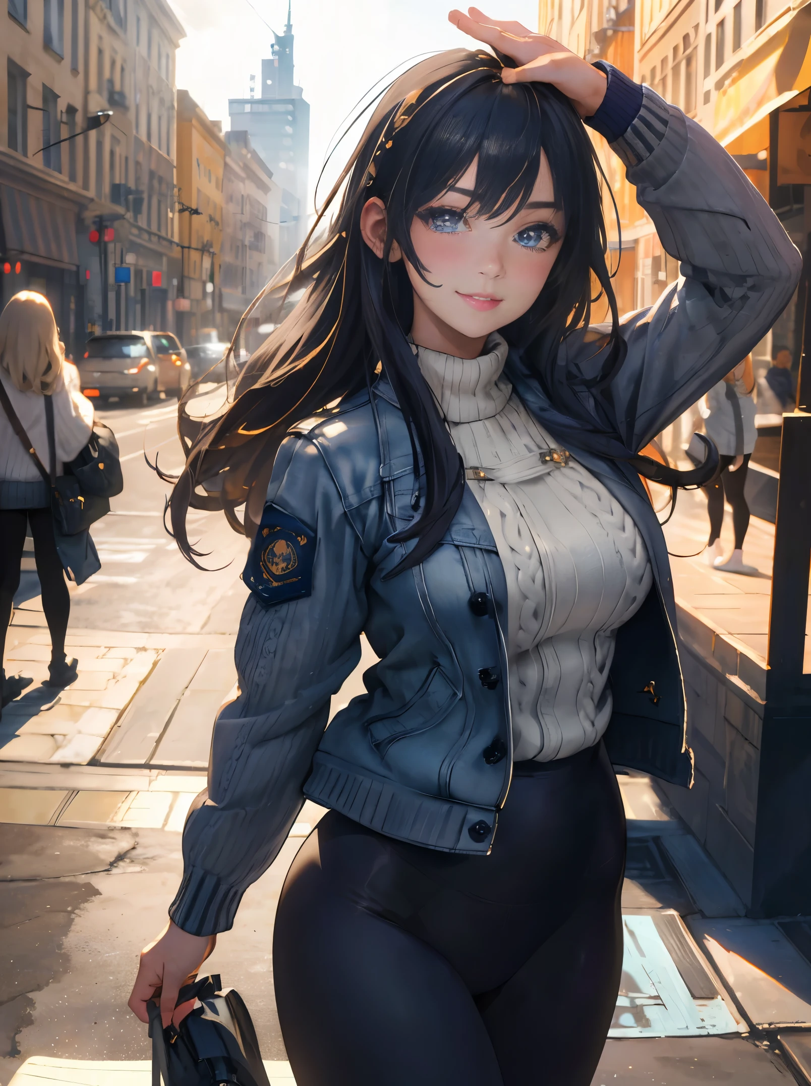 (masterpiece, best quality:1.4), (modern days), (cowboy shot), 1girl, solo, pov, sfw,
stunning girlfriend, (standing:1.1), dynamic pose, (white oversized sweater, knit sweater:1.4), (tight yoga pants, dark grey yoga pants:1.4), (short navy blue jacket, denim jacket:1.4), long blonde hair, swept bangs, heart shaped face, elegant face, beautiful face, highly detailed face, highly detailed skin, skin pores, subsurface scattering, (detailed blue eyes), realistic pupils, large breast, loving smile, looking at viewer, full face blush, full lips, holding a single coffee cup, centered,
coffee shop in background, city street, sunny day, wind, detailed background, depth of field, atmospheric perspective, volumetric lighting, sharp focus,
absurdres, realistic proportions, good anatomy, (realistic, hyperrealistic:1.4), 16k hdr,