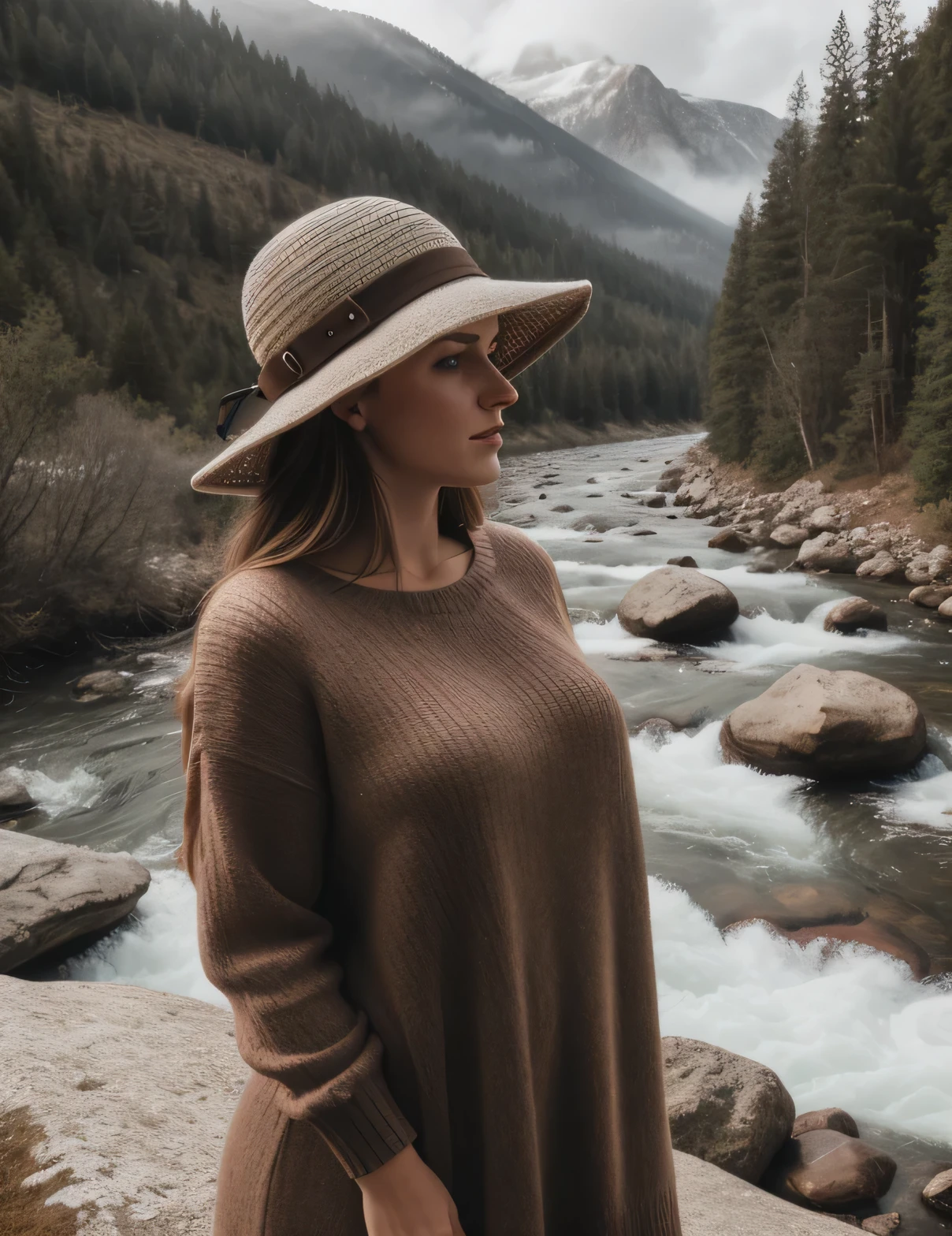 photorealistic, best quality, hyper detailed, beautiful woman, upper body, solo, wearing pullover, outdoors, Sunny Day, mountains, real life nature, (cheerful, happy), sleeping bag, Elegant dress, Beautiful Hat, forest, rocks, river, wood, smoke, fog, clear sky, analog style, looking at viewer, skin texture, film grain, close up, ultra high res, best shadow, RAW, instagram LUT