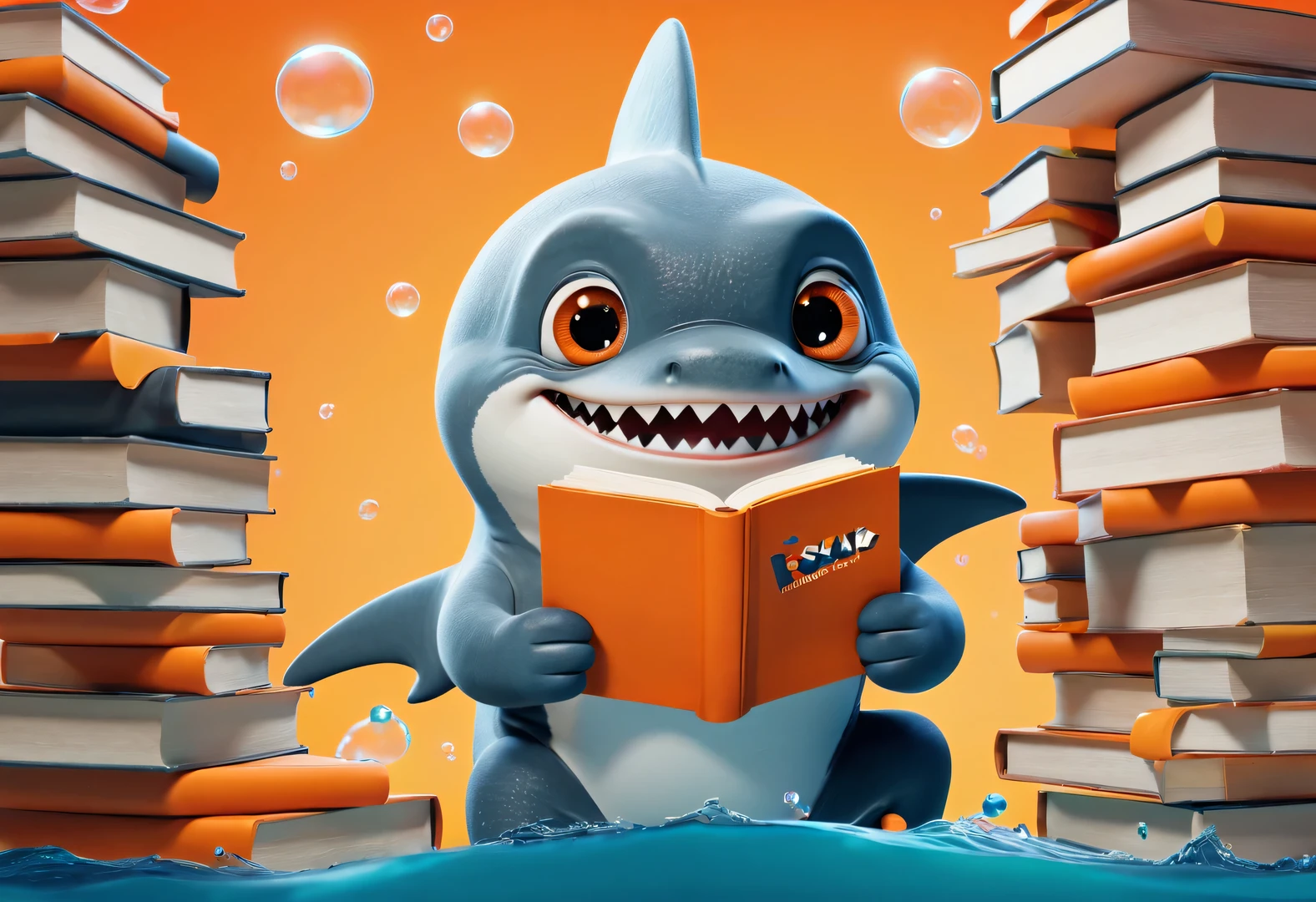 Cartoon poster design，character idea，scenography，Very unified CG design，（Oscar the little shark wearing myopia glasses holds many books：1.1），Oscar the baby shark has a silver body，with orange stripes，The mouth is also small，His eyes were big and bright，Always sparkling with wisdom and curiosity，His tail is very strong，His eyes are sharp and alert，The orange stripes on the body are more vivid，holding book，The pages cover his entire body，half turkish，低饱和度皮克斯Ultra-detailed，looking at the audience，Very detailed，Macaron color，POP MART POP MART，白色background，Close-up avatars are of the best quality。Ultra-detailed.Ultra-detailed.3D，c4d。mixer，Overclocked renderer。illumination，ultra high definition，3D rendering Oscar is a very unique and interesting，inspired by《shark tale》，background：underwater的书城，underwater，lots and lots of bubbles
