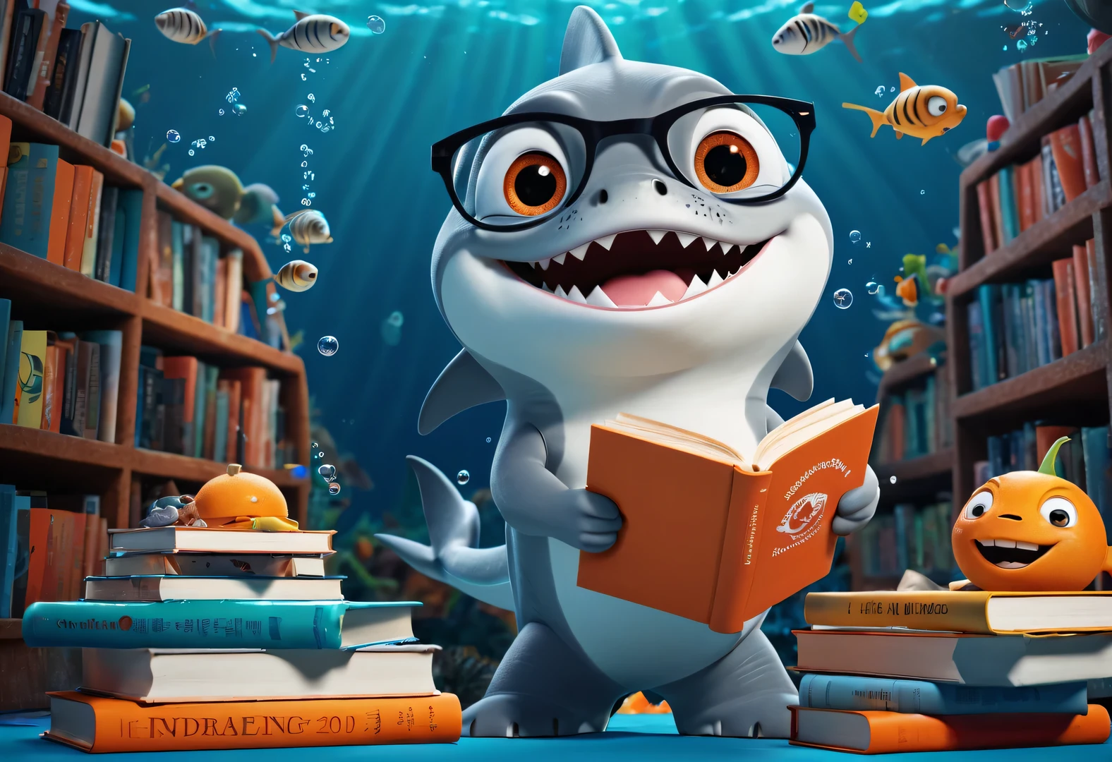 Cartoon poster design，character idea，scenography，Very unified CG design，（Oscar the little shark wearing myopia glasses holds many books：1.1），Oscar the baby shark has a silver body，with orange stripes，The mouth is also small，His eyes were big and bright，Always sparkling with wisdom and curiosity，His tail is very strong，His eyes are sharp and alert，The orange stripes on the body are more vivid，holding book，The pages cover his entire body，half turkish，低饱和度皮克斯Ultra-detailed，looking at the audience，Very detailed，Macaron color，POP MART POP MART，白色background，Close-up avatars are of the best quality。Ultra-detailed.Ultra-detailed.3D，c4d。mixer，Overclocked renderer。illumination，ultra high definition，3D rendering Oscar is a very unique and interesting，inspired by《shark tale》，background：underwater的书城，underwater，lots and lots of bubbles
