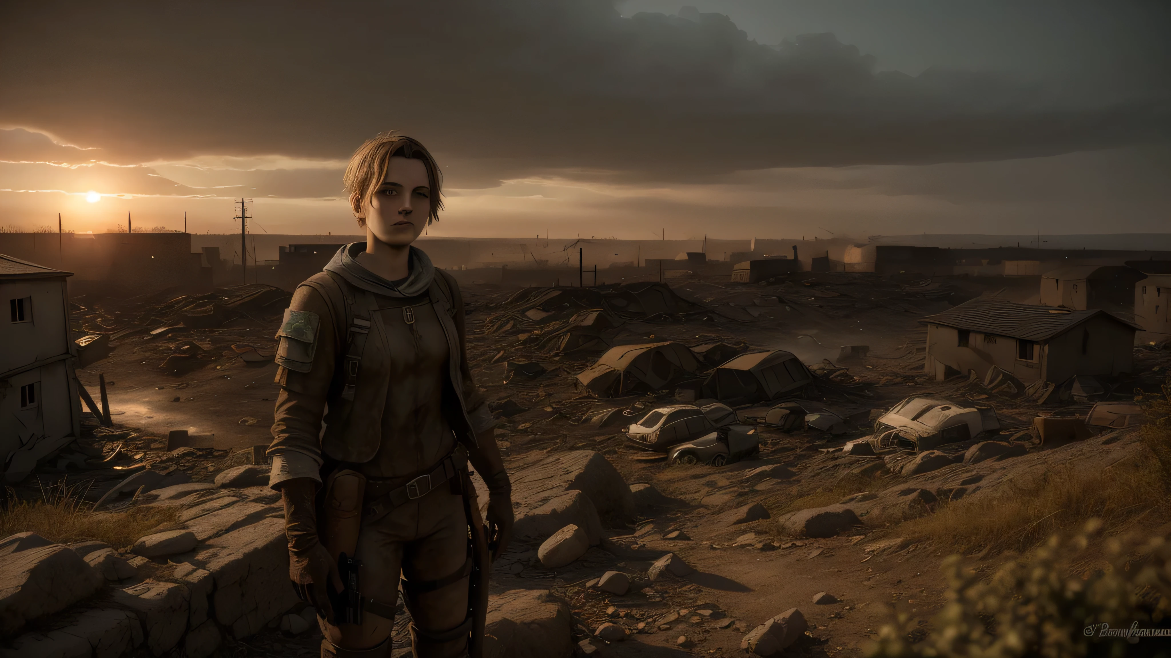 An androgynous female survivor in the wasteland. apokalyptisches Setting. sehr kurzes Haar. Short male haircut. Dunkelbraunes Haar mit Undercut. Sehr blasse Haut mit Sommersprossen und Leberflecken. Rundes, weiches Gesicht. Rundes, weiches Kinn. Runde, weiche Wangen. Geschwungene Lippen. stupsige Nase. dunkelbraune Augen. nach oben gerichtete Augen. very thin, kaum sichtbare Augenbrauen. Schlank. kleine Brust. lange dicke Beine. freundlich. Art. androgyn. Burschikos. Wears the used clothing of a wastelander. behind her are a few zombie girls watching her, Hintergrund: An apocalyptic wasteland. Staubig und deprimierend.