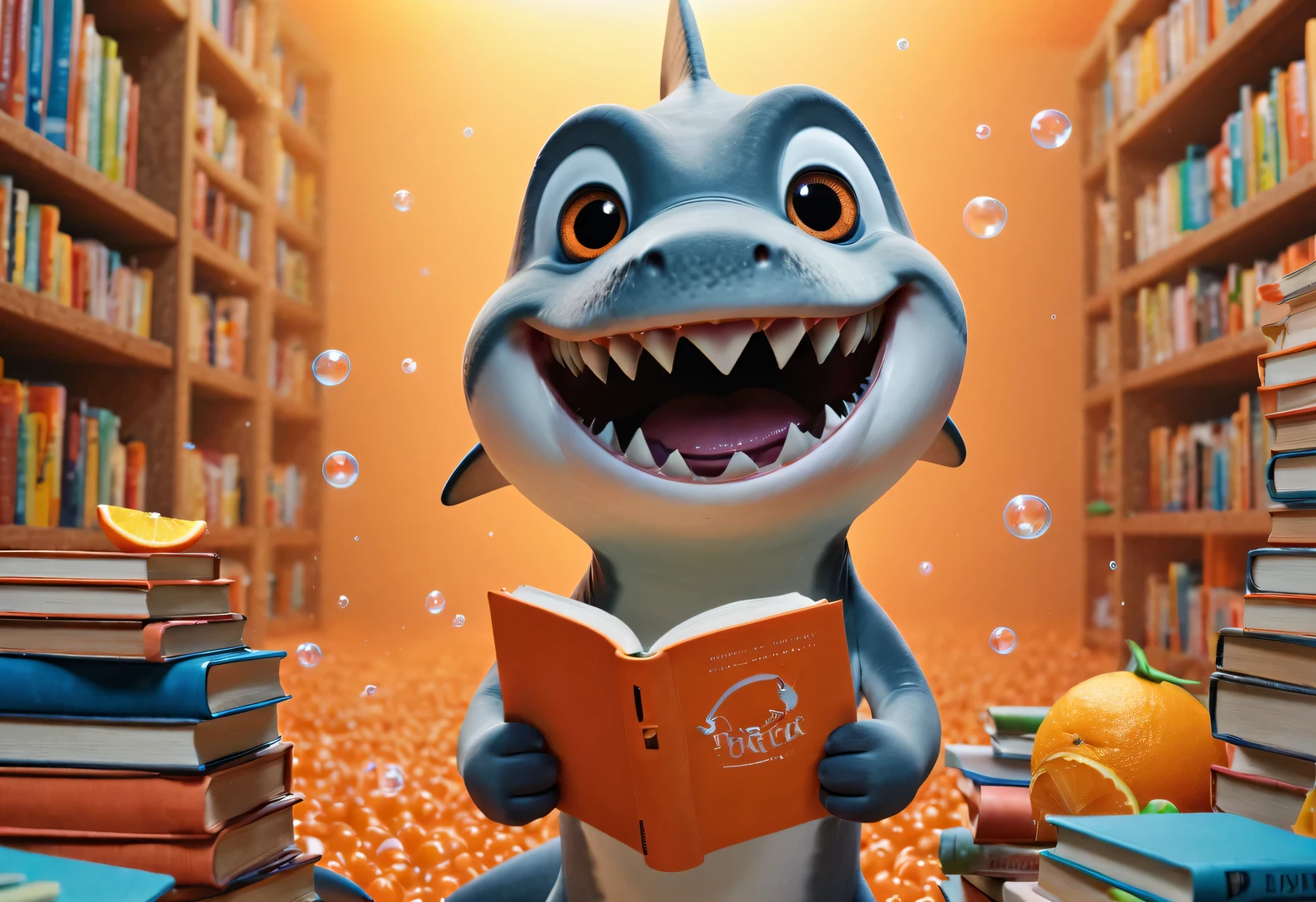 Cartoon poster design，character idea，scenography，Very unified CG design，（Oscar the little shark is holding many books：1.1），Oscar the baby shark has a silver body，with orange stripes，The mouth is also small，His eyes were big and bright，Always sparkling with wisdom and curiosity，His tail is very strong，His eyes are sharp and alert，The orange stripes on the body are more vivid，holding book，The pages cover his entire body，half turkish，低饱和度皮克斯Ultra-detailed，looking at the audience，Very detailed，Macaron color，POP MART POP MART，白色background，Close-up avatars are of the best quality。Ultra-detailed.Ultra-detailed.3D，c4d。mixer，Overclocked renderer。illumination，ultra high definition，3D rendering Oscar is a very unique and interesting，inspired by《shark tale》，background：underwater的书城，underwater，lots and lots of bubbles
