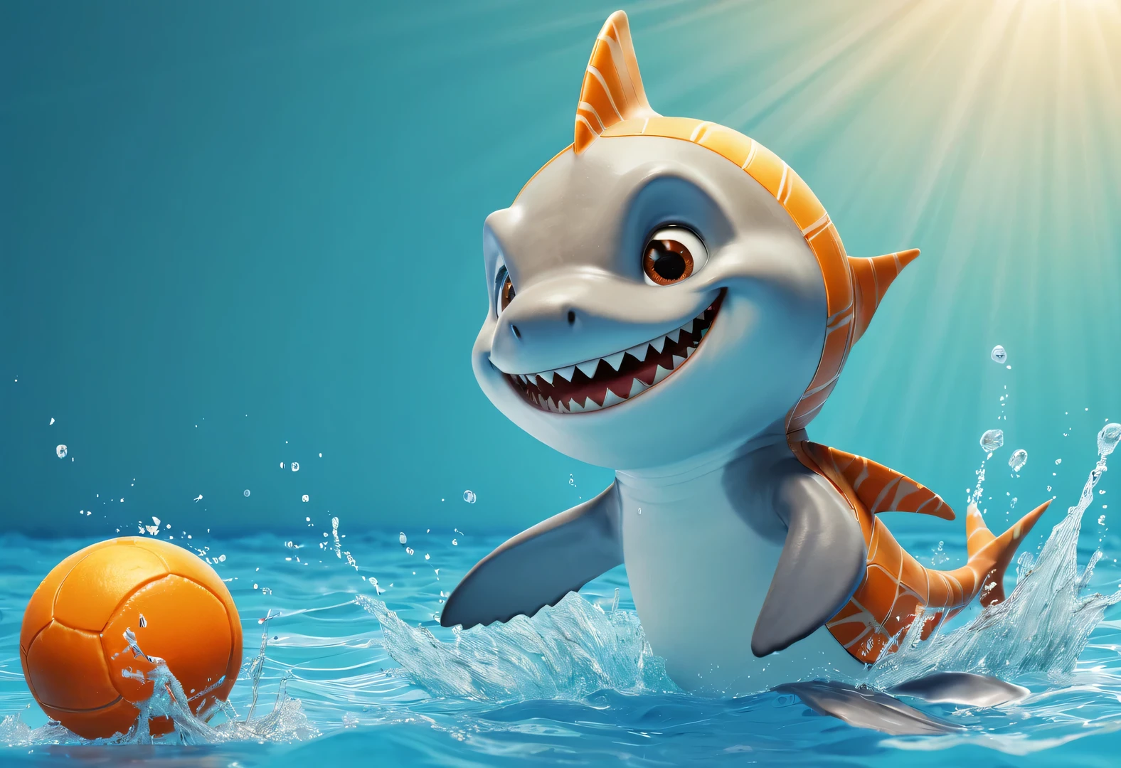 Cartoon poster design,character idea,scenography,Very unified CG design,(Oscar the little shark is playing water polo:1.1),Oscar the baby shark has a silver body,with orange stripes,The mouth is also small,His eyes were big and bright,Always sparkling with wisdom and curiosity,His tail is very strong,His eyes are sharp and alert,The orange stripes on the body are more vivid,holding book,The pages cover his entire body,half turkish,低饱和度皮克斯Ultra-detailed,looking at the audience,Very detailed,Macaron color,POP MART POP MART,White background,Close-up avatars are of the best quality。Ultra-detailed.Ultra-detailed.3D,c4d。mixer,Overclocked renderer。illumination,ultra high definition,3D rendering Oscar is a very unique and interesting,inspired by《shark tale》,backstage talk show
