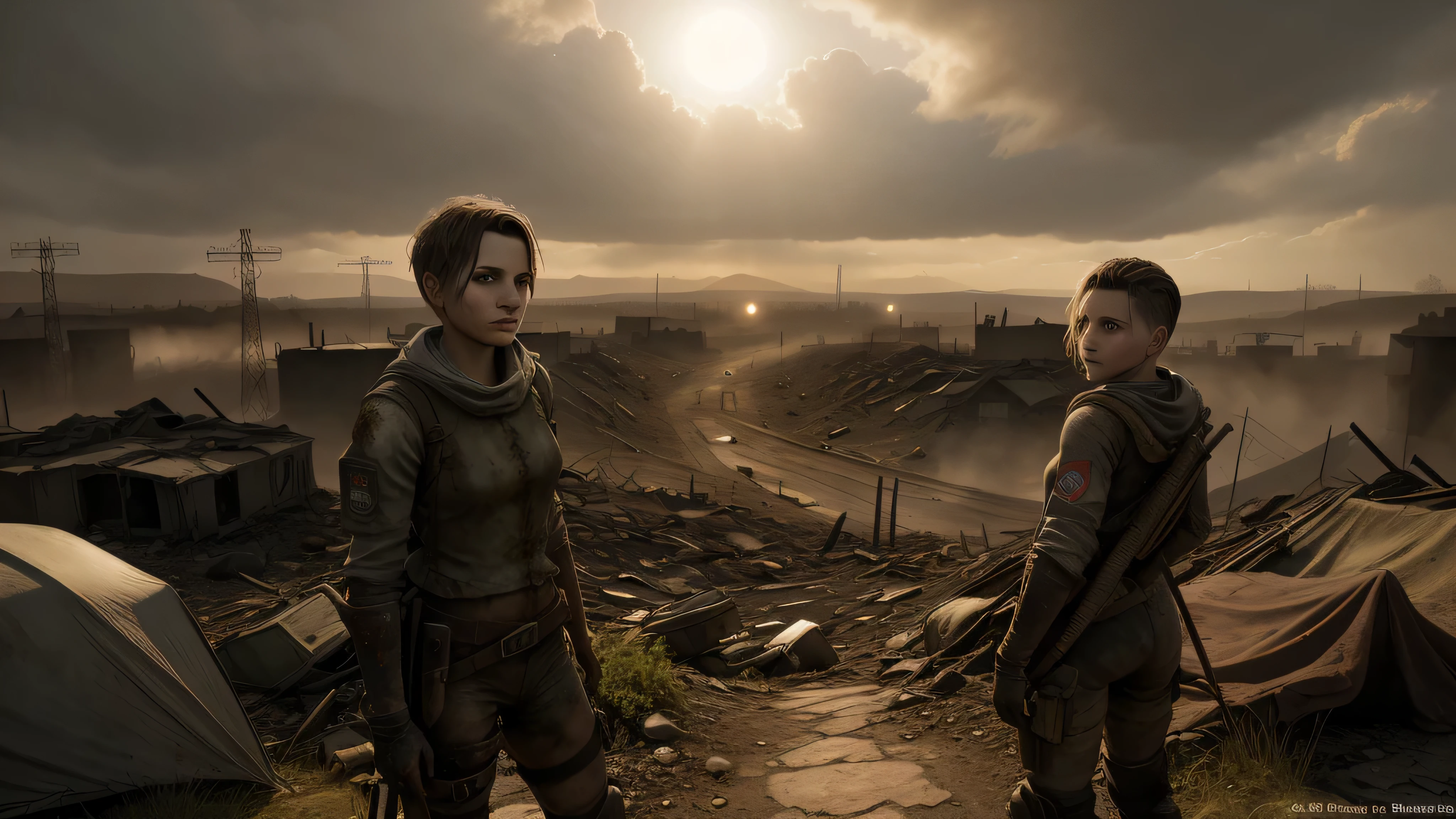 An androgynous female survivor in the wasteland. apokalyptisches Setting. sehr kurzes Haar. Short male haircut. Dunkelbraunes Haar mit Undercut. Sehr blasse Haut mit Sommersprossen und Leberflecken. Rundes, weiches Gesicht. Rundes, weiches Kinn. Runde, weiche Wangen. Geschwungene Lippen. stupsige Nase. dunkelbraune Augen. nach oben gerichtete Augen. very thin, kaum sichtbare Augenbrauen. Schlank. kleine Brust. lange dicke Beine. freundlich. Art. androgyn. Burschikos. Wears the used clothing of a wastelander. behind her are a few zombie girls watching her, Hintergrund: An apocalyptic wasteland. Staubig und deprimierend. 