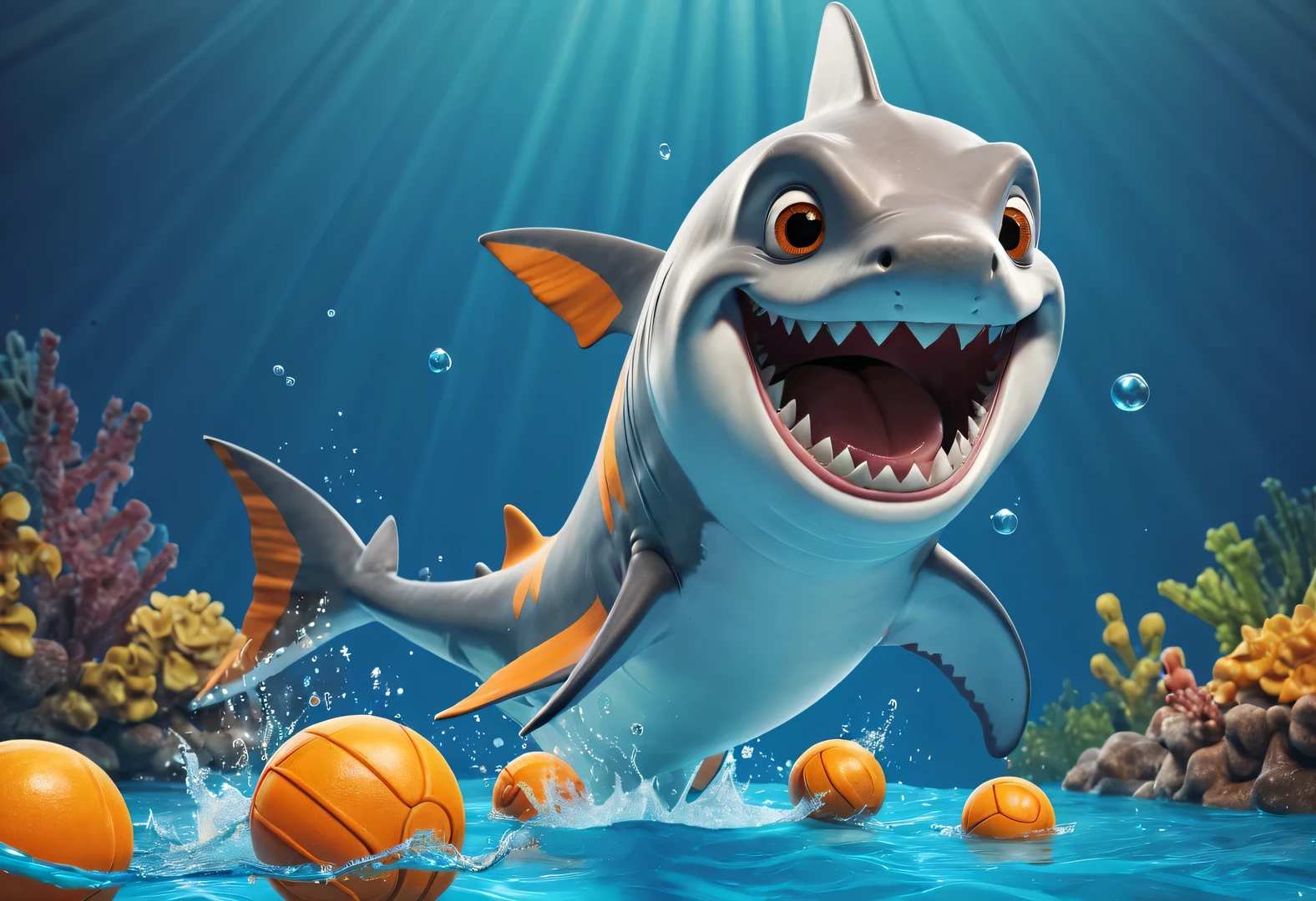 Cartoon poster design，character idea，scenography，Very unified CG design，（Oscar the little shark is playing water polo：1.1），Oscar the baby shark has a silver body，with orange stripes，The mouth is also small，His eyes were big and bright，Always sparkling with wisdom and curiosity，His tail is very strong，His eyes are sharp and alert，The orange stripes on the body are more vivid，holding book，The pages cover his entire body，half turkish，低饱和度皮克斯Ultra-detailed，looking at the audience，Very detailed，Macaron color，POP MART POP MART，White background，Close-up avatars are of the best quality。Ultra-detailed.Ultra-detailed.3D，c4d。mixer，Overclocked renderer。illumination，ultra high definition，3D rendering Oscar is a very unique and interesting，inspired by《shark tale》，backstage talk show