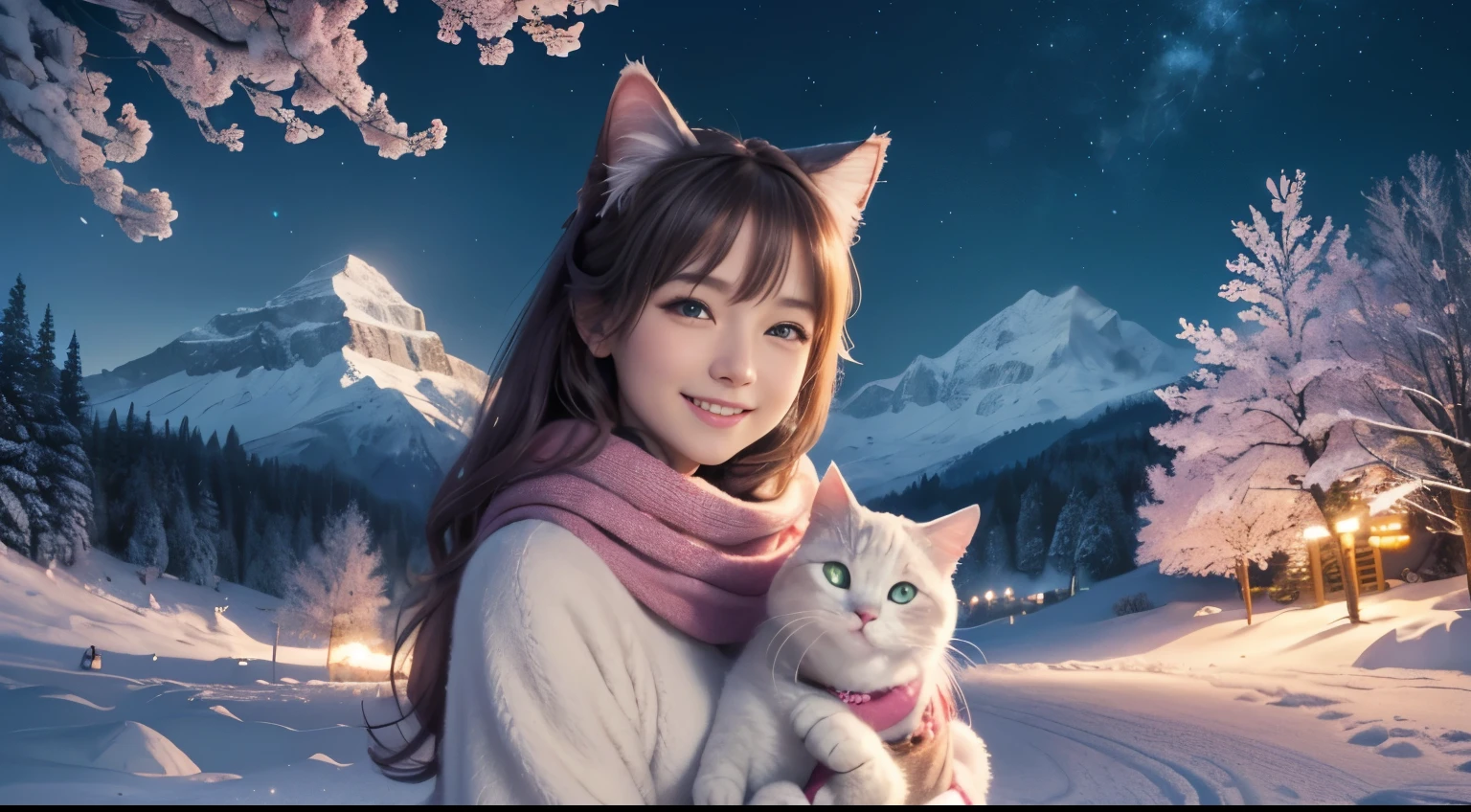(best quality,4k,8k,highres,masterpiece:1.2),ultra-detailed,(realistic,photorealistic,photo-realistic:1.37),A cute anime girl holding a cat,green eyes,long hair,on the mountain ,sakura tree,anime style,joyful atmosphere,neon lights,sakura petals falling,sparkling stars,winter night,cosy warm scarf,playful expression,dynamic pose,music player,forest mountain,happy ,smiling faces,cute cat,skyscrapers in the background,cheerful mood,excitement,celebration,snowflakes falling,enchanted wonderland,artistic illustration,soft pastel colors,ambient lighting.