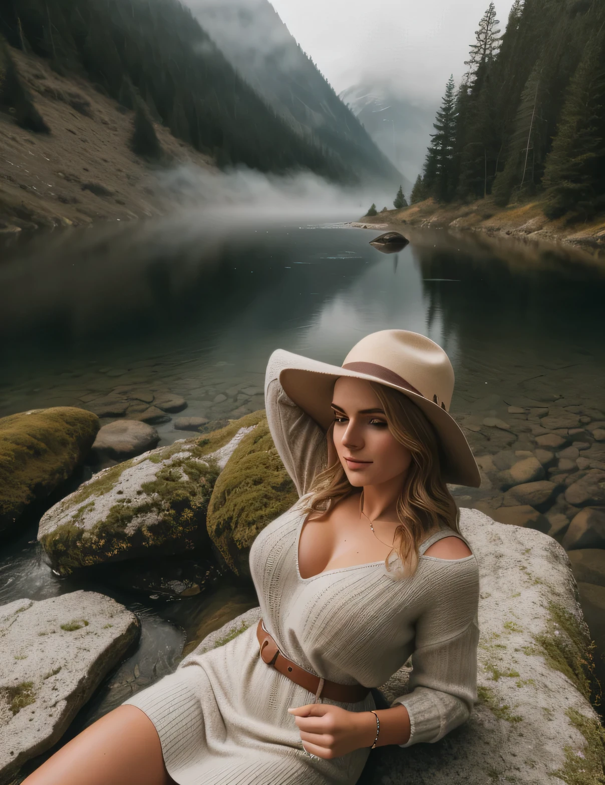 photorealistic, best quality, hyper detailed, beautiful woman, upper body, solo, wearing pullover, outdoors, Sunny Day, mountains, real life nature, (cheerful, happy), sleeping bag, Elegant dress, Beautiful Hat, forest, rocks, river, wood, smoke, fog, clear sky, analog style, looking at viewer, skin texture, film grain, close up, ultra high res, best shadow, RAW, instagram LUT