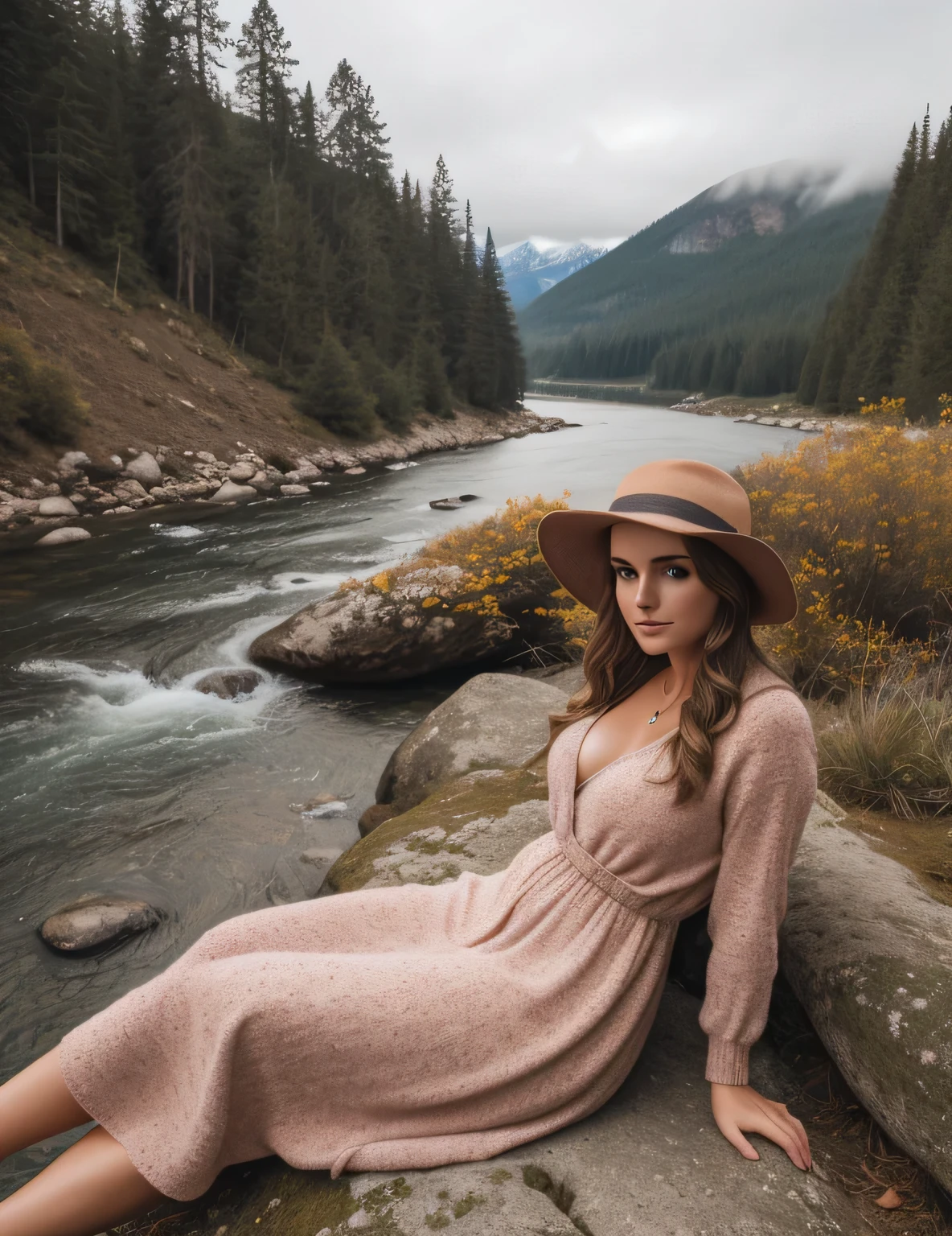 photorealistic, best quality, hyper detailed, beautiful woman, upper body, solo, wearing pullover, outdoors, Sunny Day, mountains, real life nature, (cheerful, happy), sleeping bag, Elegant dress, Beautiful Hat, forest, rocks, river, wood, smoke, fog, clear sky, analog style, looking at viewer, skin texture, film grain, close up, ultra high res, best shadow, RAW, instagram LUT