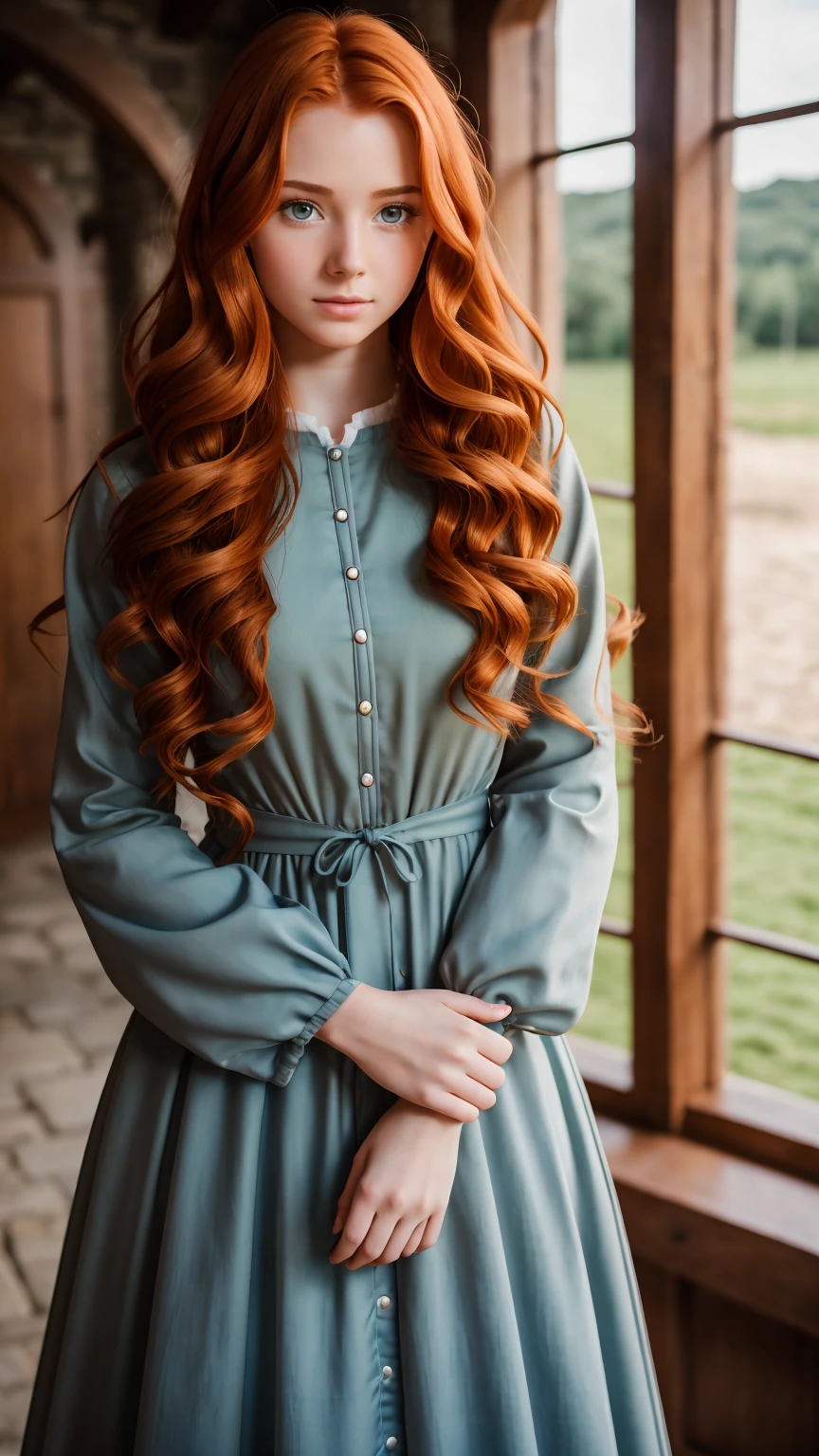 RAW photo, Girl 20 years old, Waist-length image in the center of the composition, pretty, Modest, Embarrassed, imperfectly detailed face, ((ginger wavy tousled hair)), Modest (early medieval dress) with long, wide, spacious straight sleeves, in a medieval castle, blurred background, 8K UHD, dim lighting, hiquality, Film grain, Fujifilm XT3