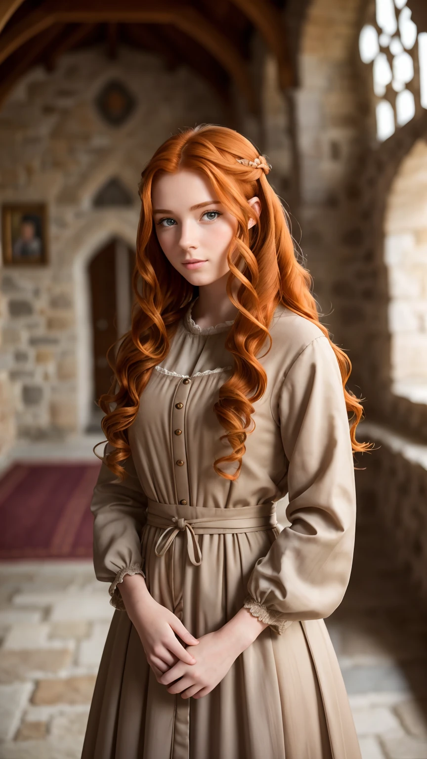 RAW photo, Girl 20 years old, Waist-length image in the center of the composition, pretty, Modest, Embarrassed, imperfectly detailed face, ((ginger wavy tousled hair)), Modest (early medieval dress) with long, wide, spacious straight sleeves, in a medieval castle, blurred background, 8K UHD, dim lighting, hiquality, Film grain, Fujifilm XT3