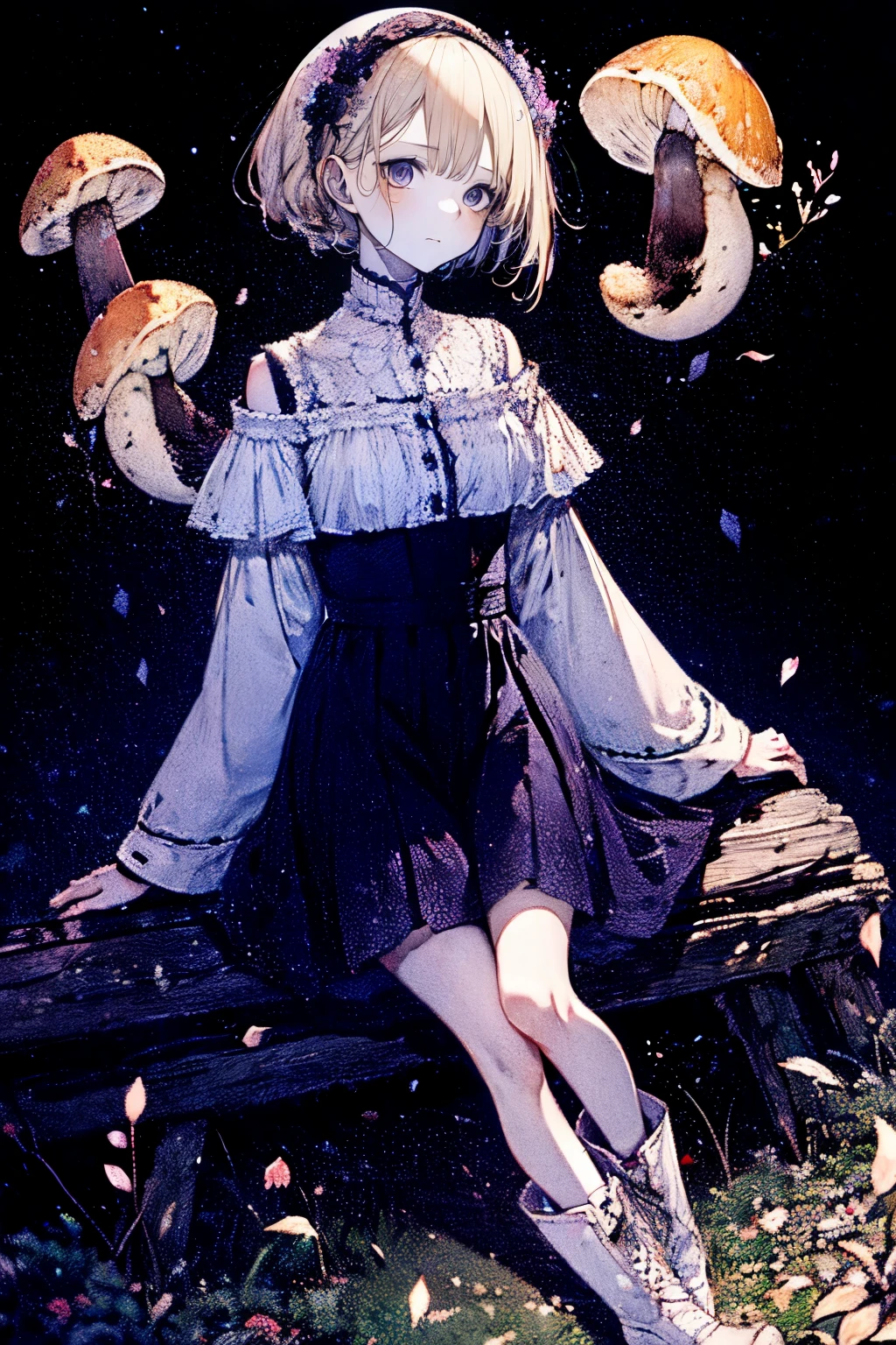 Light blonde haired anime girl with pale blue purple eyes wearing pink off shoulder puffy sleeves dress and knee length white boots sitting in the woods next to an orange mushroom surrounded by fireflies under starry sky sitting  