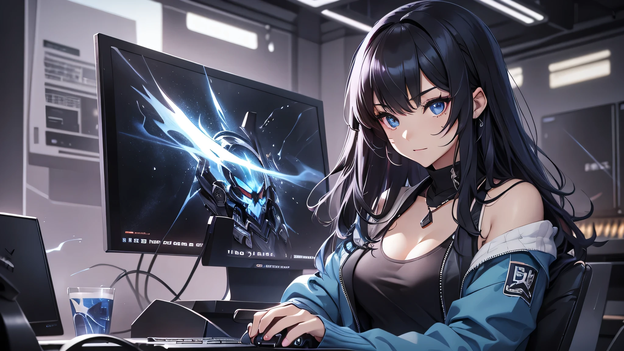 最high quality、best image quality、masterpiece、teenage girl((18-year-old、 By becoming、vest bust、medium bust,wide open breast tea、black eye, black hair、long hair、thin,highest valley、cute makeup、red sports bra、Black sports pants、White Necklace、Blackface Paint、Navy jacket、Corruption of infidelity)),high quality、beautiful art、background((Gaming Desk、gamingroom、Gaming Chair、Gaming PC、controller)),debris flies、Depth of written boundary、movie、visual art、perfect art、8K,genuine