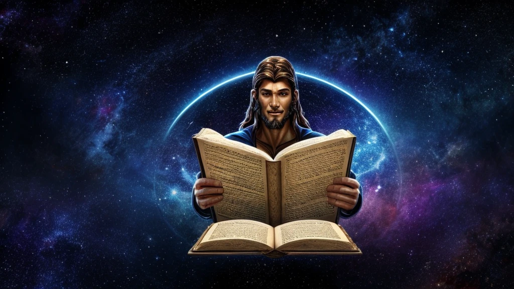"Visual representation depicting the Bible and Jesus as a star in the vast literary universe. Convey a sense of grandeur and uniqueness."