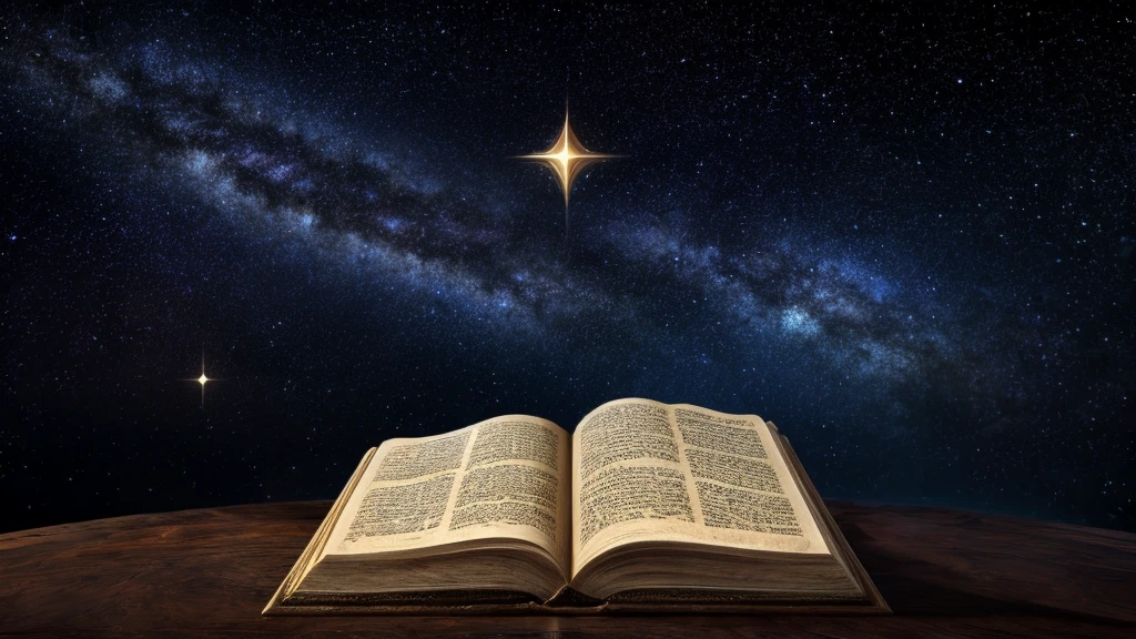 "Visual representation depicting the Bible and Jesus as a star in the vast literary universe. Convey a sense of grandeur and uniqueness."