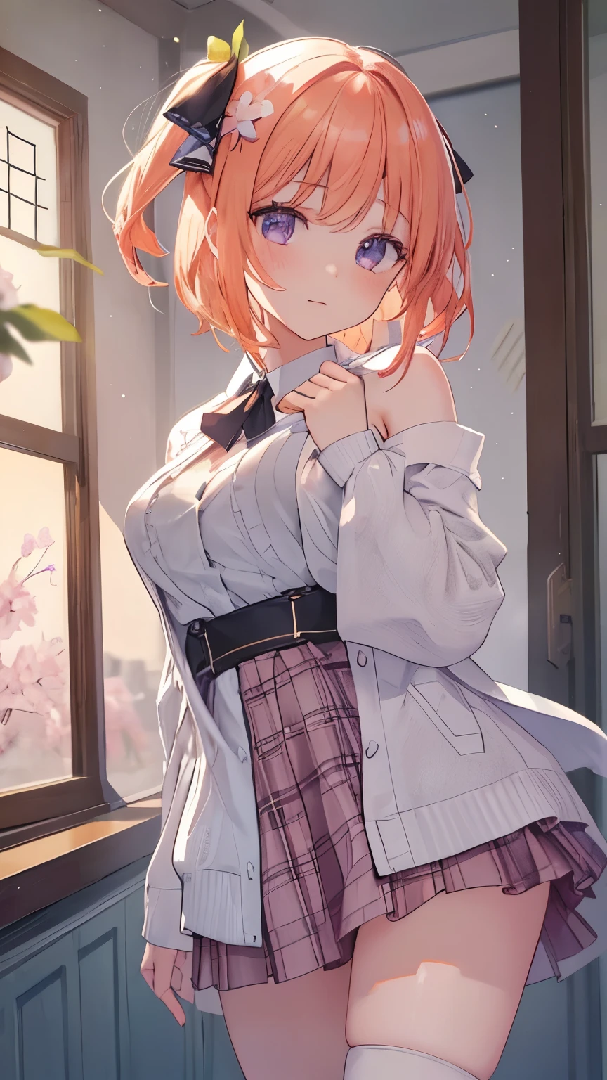 hide your hands, {{{one girl}}}, beautiful detailed girl, game CG, spring blossoms, One curl outside, short bob hair, pastel orange hair, purple eyes,stylish accessories solo, breast enhancement, medium shoot, woman, Take-out, laughter, big breasts,,pastel green plaid mini skirt,Black knee-high, {{{{{wearing a pastel green hoodie}}}}},open your mouth, Daytime Classroom, wonderful, beautiful and fine eyes, highest quality, super delicate,Masseter muscle part,highest quality,(official art、highest quality、Unity 8k wallpaper、32K、masterpiece、super detailed、Super high resolution、realistic、Photoreal:1.2)、(cinematic lighting:1.2)、fire glow effect、The grainiest shadow of the film、side light、side shot、(super detailedで複雑な3Dレンダリング)、Atelier Series,