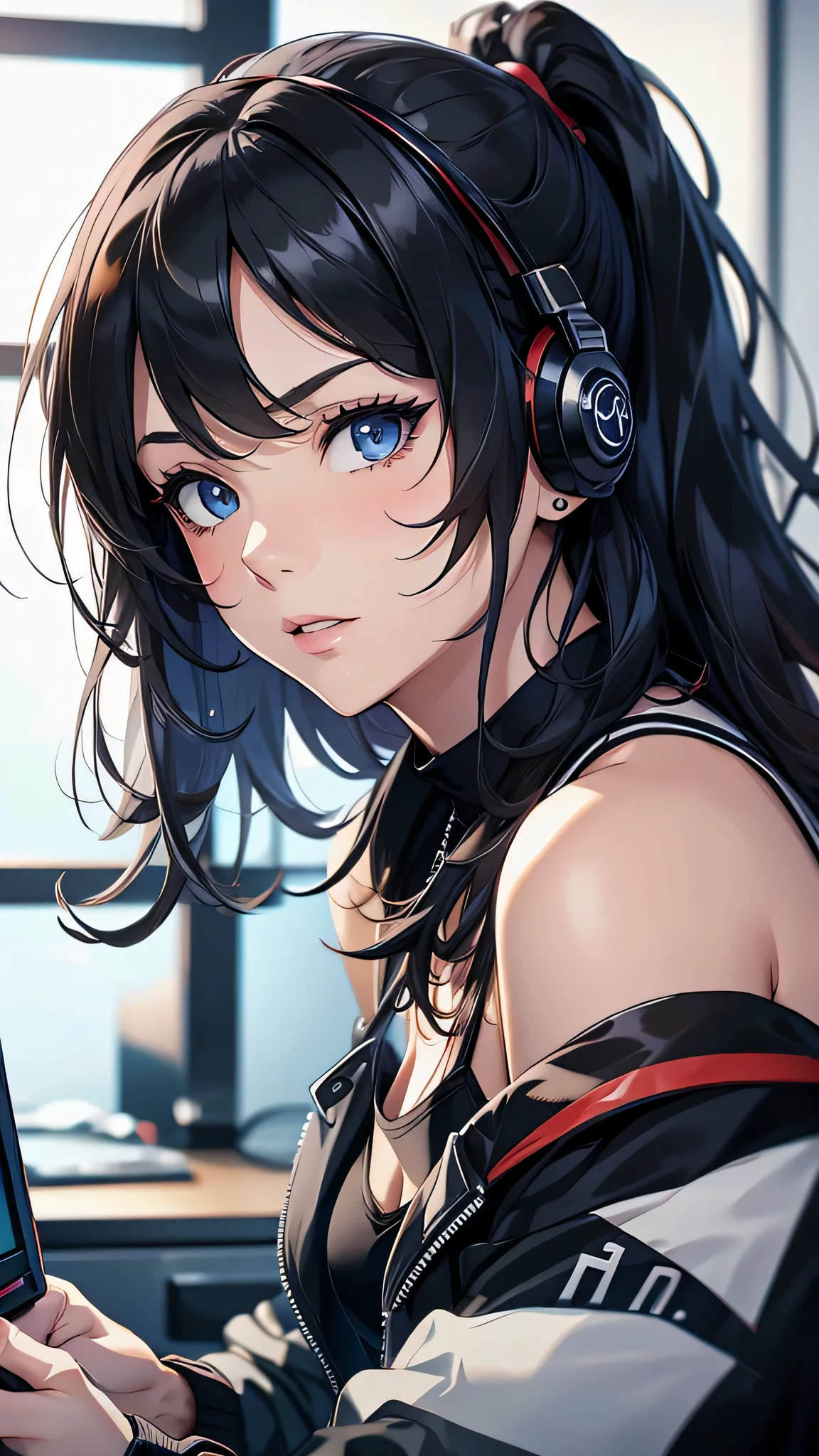 最high quality、best image quality、masterpiece、teenage girl((18-year-old、 By becoming、vest bust、medium bust,wide open breast tea、black eye, black hair、long hair、thin,highest valley、cute makeup、red sports bra、Black sports pants、White Necklace、Blackface Paint、Navy jacket、Corruption of infidelity)),high quality、beautiful art、background((Gaming Desk、gamingroom、Gaming Chair、Gaming PC、controller)),debris flies、Depth of written boundary、movie、visual art、perfect art、8K,genuine