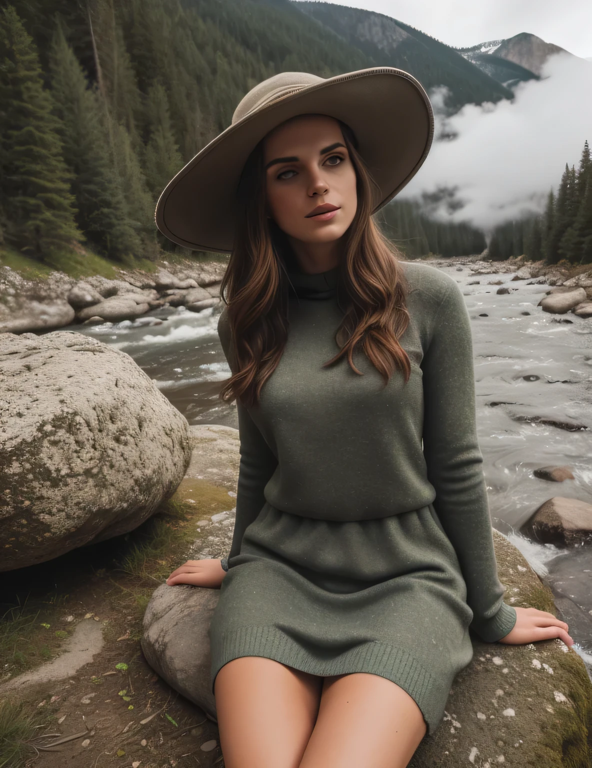 photorealistic, best quality, hyper detailed, beautiful woman, upper body, solo, wearing pullover, outdoors, Sunny Day, mountains, real life nature, (cheerful, happy), sleeping bag, Elegant dress, Beautiful Hat, forest, rocks, river, wood, smoke, fog, clear sky, analog style, looking at viewer, skin texture, film grain, close up, ultra high res, best shadow, RAW, instagram LUT