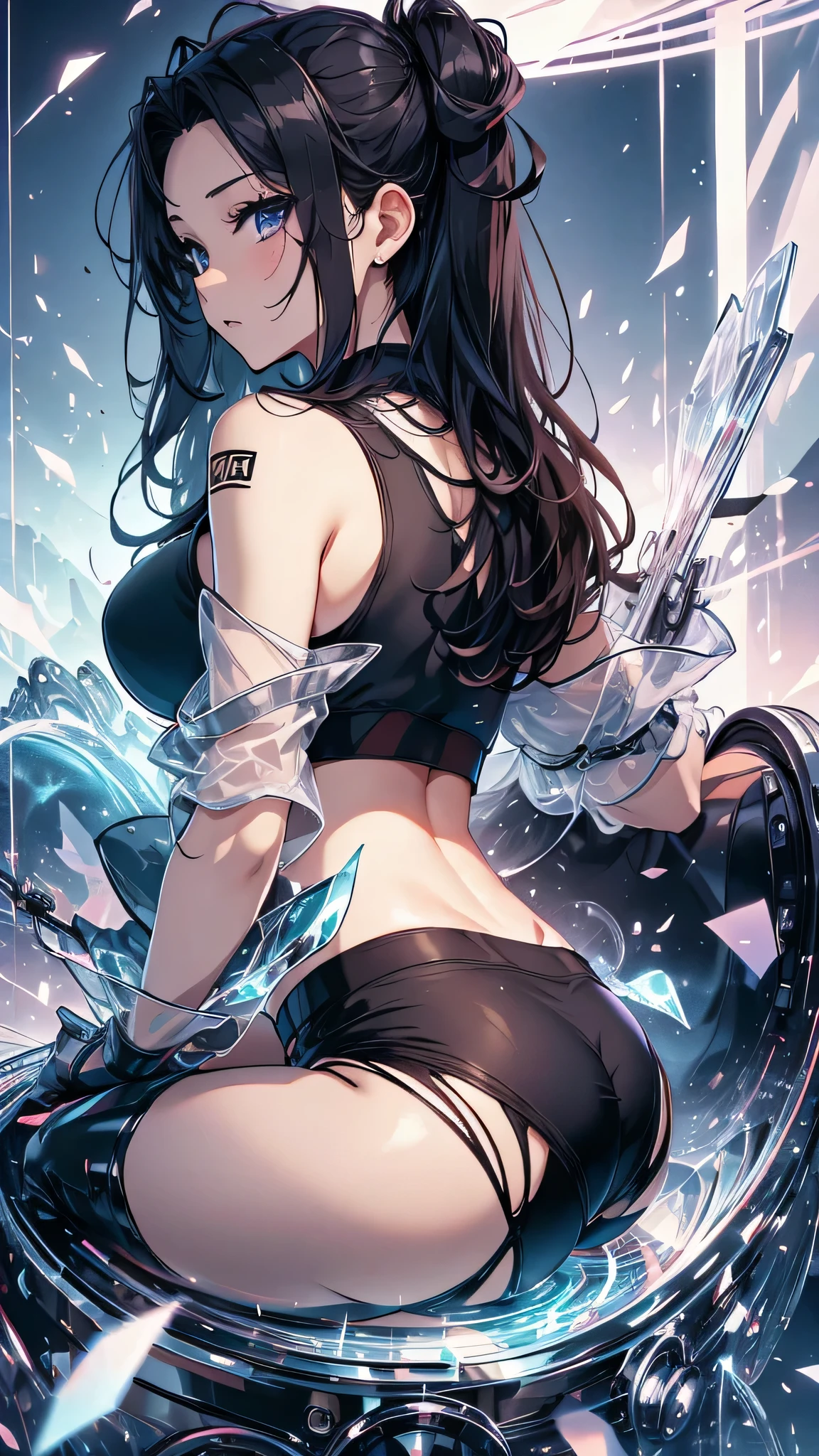 最high quality、best image quality、masterpiece、age girl((18-year-old、 By becoming、vest bust、medium bust,wide open breast tea、black eye, black hair、long hair、thin,highest valley、cute makeup、red sports bra、Black sports pants、White Necklace、Blackface Paint、Navy jacket、Corruption of infidelity)),high quality、beautiful art、background((Gaming Desk、gamingroom、Gaming Chair、Gaming PC、controller)),debris flies、Depth of written boundary、movie、visual art、perfect art、8K,genuine
