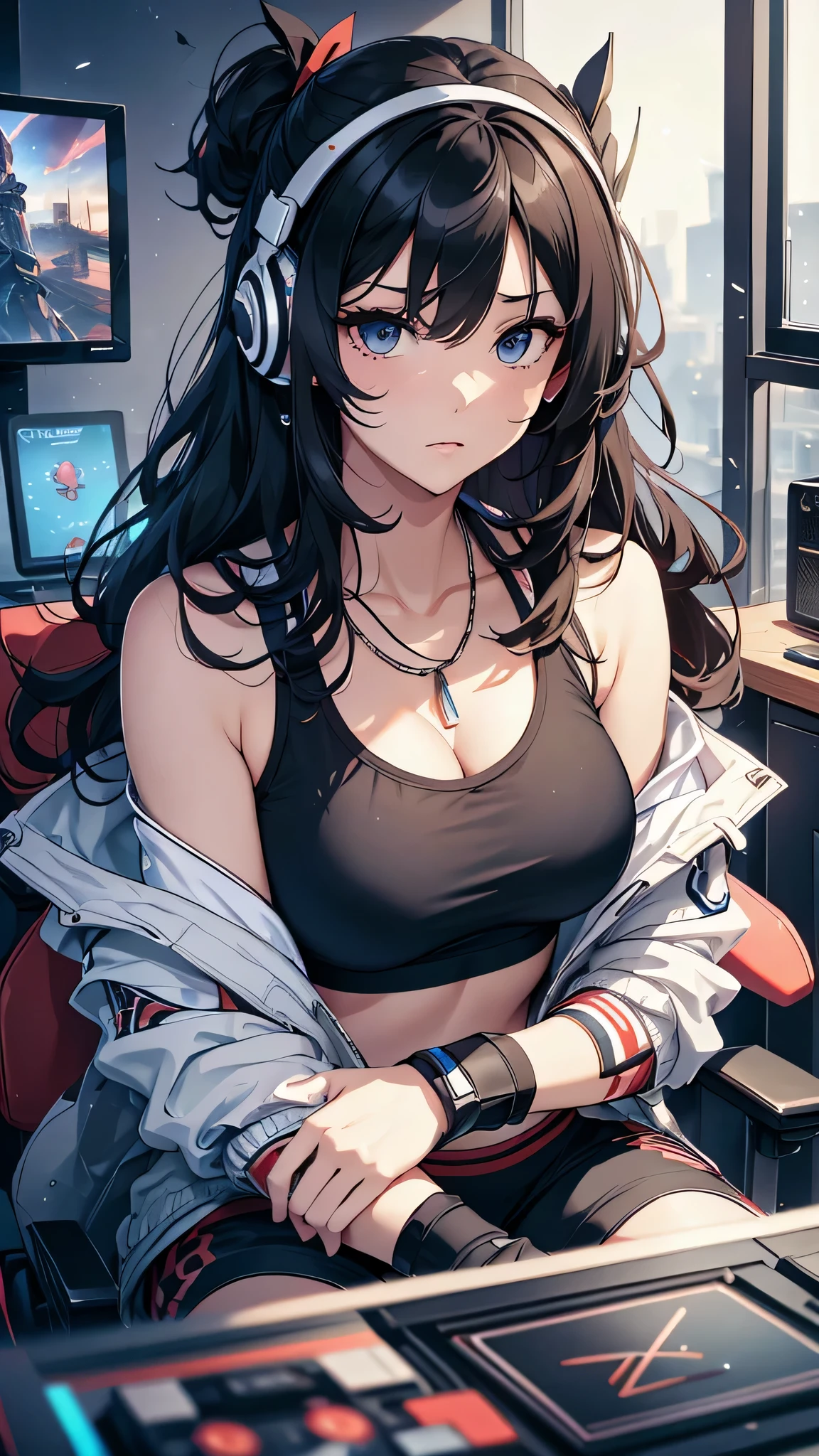 8K,masterpiece, Bast quality,big, (Ultra-thin contour lines), (1 Girl), Tifa Lockhart, red_eye, Black Hair, Long Hair, Professional Lighting, (Shiny skin: 1.2), shiny big, ((Highest quality)), Sharp focus: 1.2, Highly detailed face and skin texture, detailed eye, Perfect Face, Perfect body, Blur Art, CG, background, Big Breasts, in front (18-year-old, Cool and beautiful adult face), wear ((Suspender Black Skirt), Black elbow gloves, White tight shirt, thigh, White tank top), red面, (White Maiden), (White panties digging into pussy), Futuristic tabletop, Sue Steampunk sitting at a desk with her knees up, Browsing Caution, 