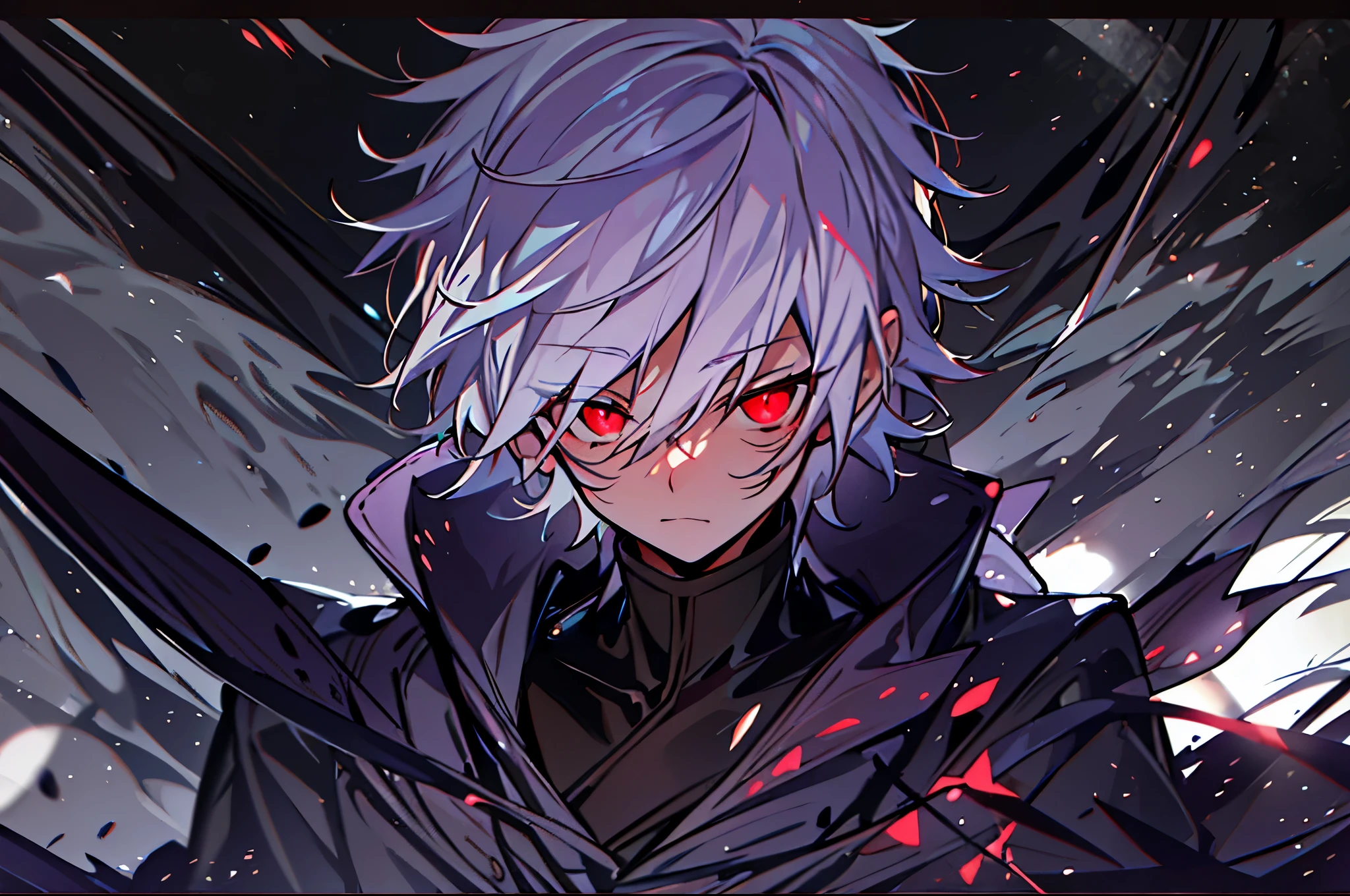 hight resolution,Anime boy with white hair and red eyes staring at camera, Glowing red eyes,slim, dressed in a black outfit,Shadow Body,de pele branca,monochromes,hair messy,Straight face,Diagonal angle