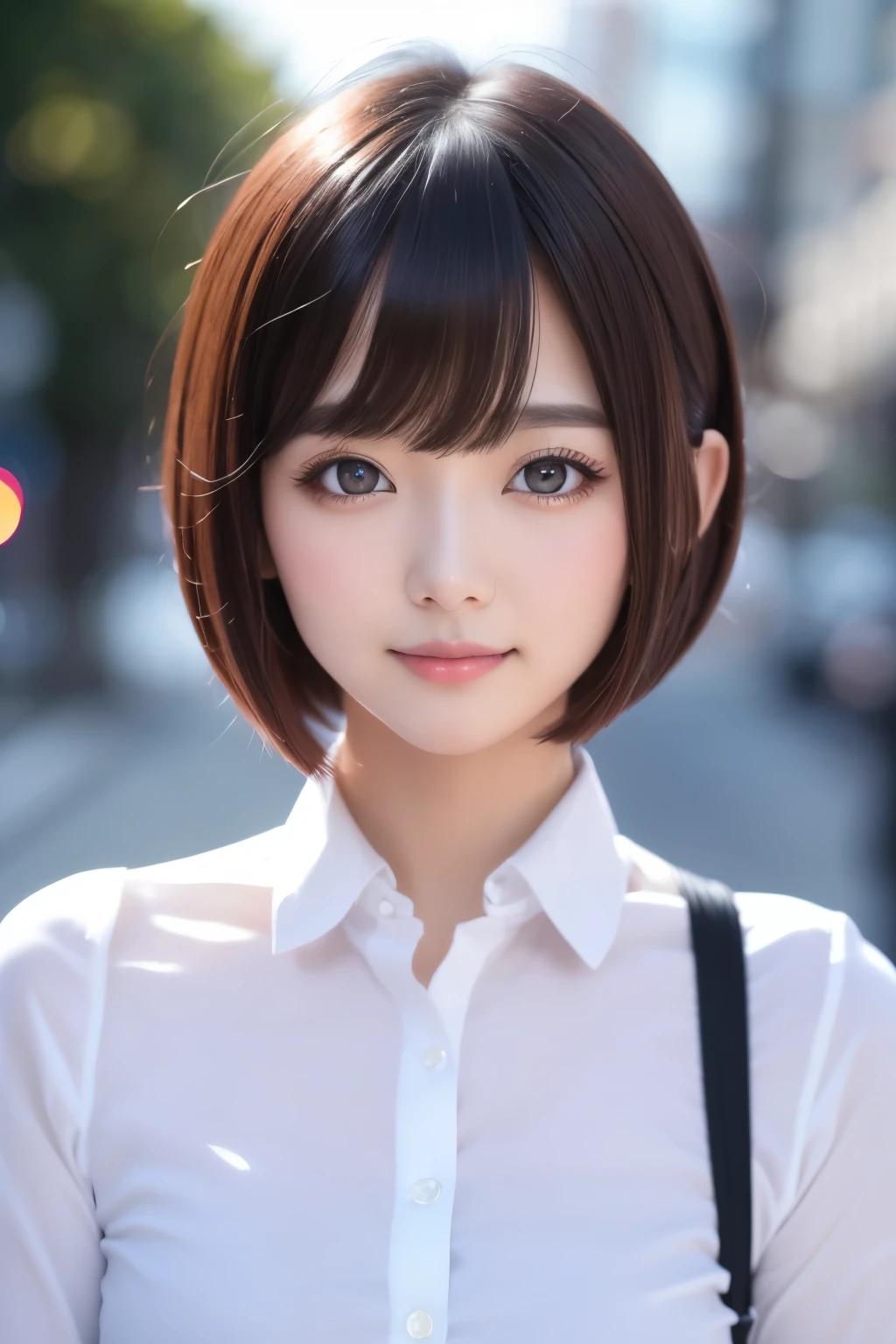 best quality, 32k, RAW photo, incredibly absurdres, extremely detailed, neat and cool beauty, flowing layered short bob cut, wearing dressed like a neat idol, perfect proportion, professional lighting 