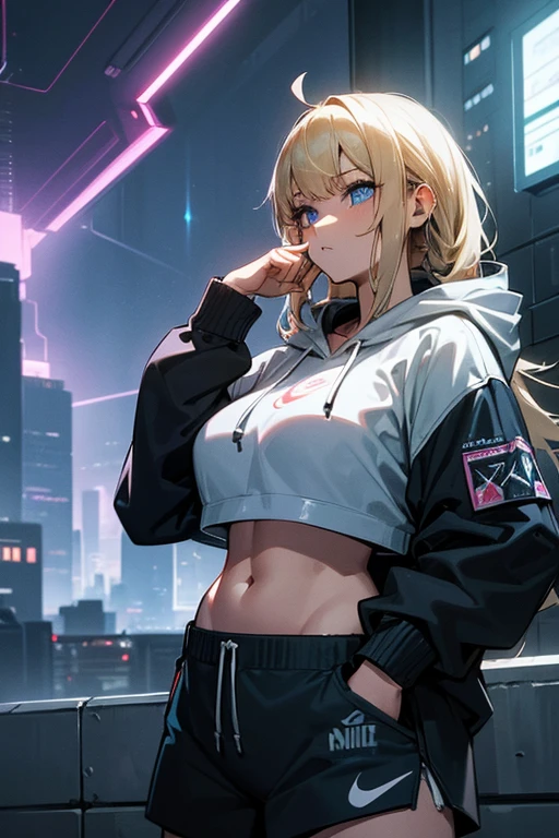 (ultra-hyper-photo:1.4), (sharp focus), (crystal clear), insane detail, fine detailed fabrics, equal eyes, outdoors, embellish, (insanely detailed, beautiful detailed face, masterpiece, best quality), Stunning woman, blonde, big breasts, various hairstyles, messy hair, wearing a Nike hoodie, crop-top hoodie, pyjama shorts, hands in pocket, blue eyes, futuristic apartment setting, cyberpunk city, storm outside, lightnings, night time