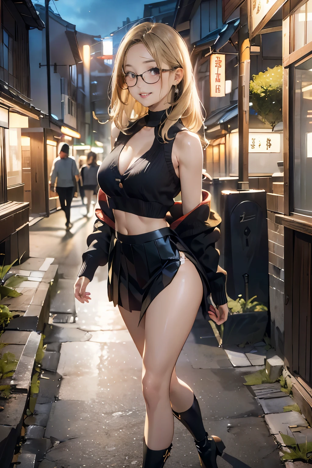 (masterpiece:1.3), high resolution, ultra detailed, extremely detailed CG unity 8k wallpaper, realistic, photo-realistic, RAW photo, beautiful detailed face, pale skin, realistic glistening skin, detailed cloth texture, detailed hair texture, Perfect body, Beautiful Face, accurate, Anatomically correct, Highly detailed face and skin texture, natural neck length, (beautiful hands), (fair skin:1.2), Thin legs, Thin feet, 
BREAK, 
Detailed eyes, symmetric eyes, Light Brown eyes, Double eyelids, Thin eyebrows, (Glossy lips:1.4), (gently smile:1.2), 
BREAK, 
(nsfw:1.2), (A Classy and Cute girl:1.3), (1 girl, one girl), ((wearing a Violet sleeveless keyhole neck midriff sweater:1.3)), (White pleated mini skirt), (long boots), (wearing glasses:1.1), 
(medium large breasts, slender figure, firm abs, firm breasts:1.2), beautiful clavicle, 
(blonde hair, wavy hair, long hair:1.3), ((asymmetrical bangs:1.2)), 
BREAK, 
((Walking in the night office street at Marunouti in Japan:1.3)), (From side:1.2), (looking sideway at viewer:1.2), ((Focus on face:1.2)), (Full body shot:1.2),