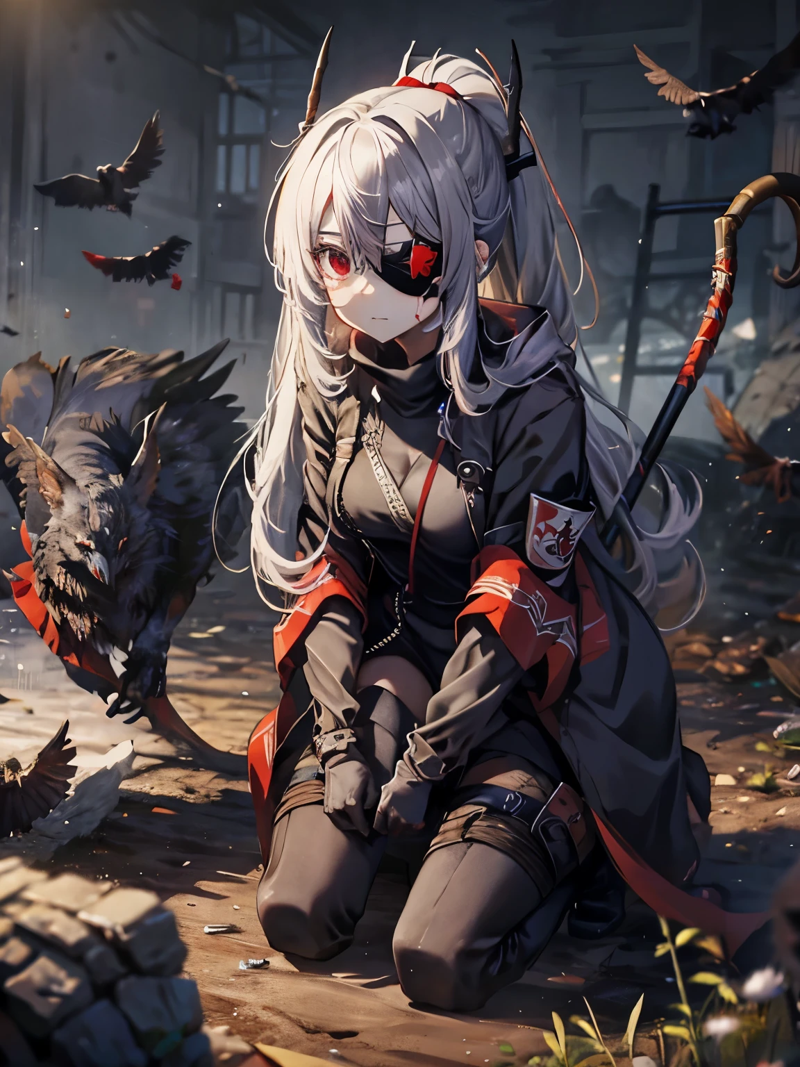 gray hair　red eye　black clothes　the scytheを持っている　boots　eyepatch　Kitchen two disease　cool　Crow　the scythe　dark　dark darkness　大the scythe　grim Reaper　evil　ponytail　long coat　sefu　ラスsefu　Red Moon　Blindfold